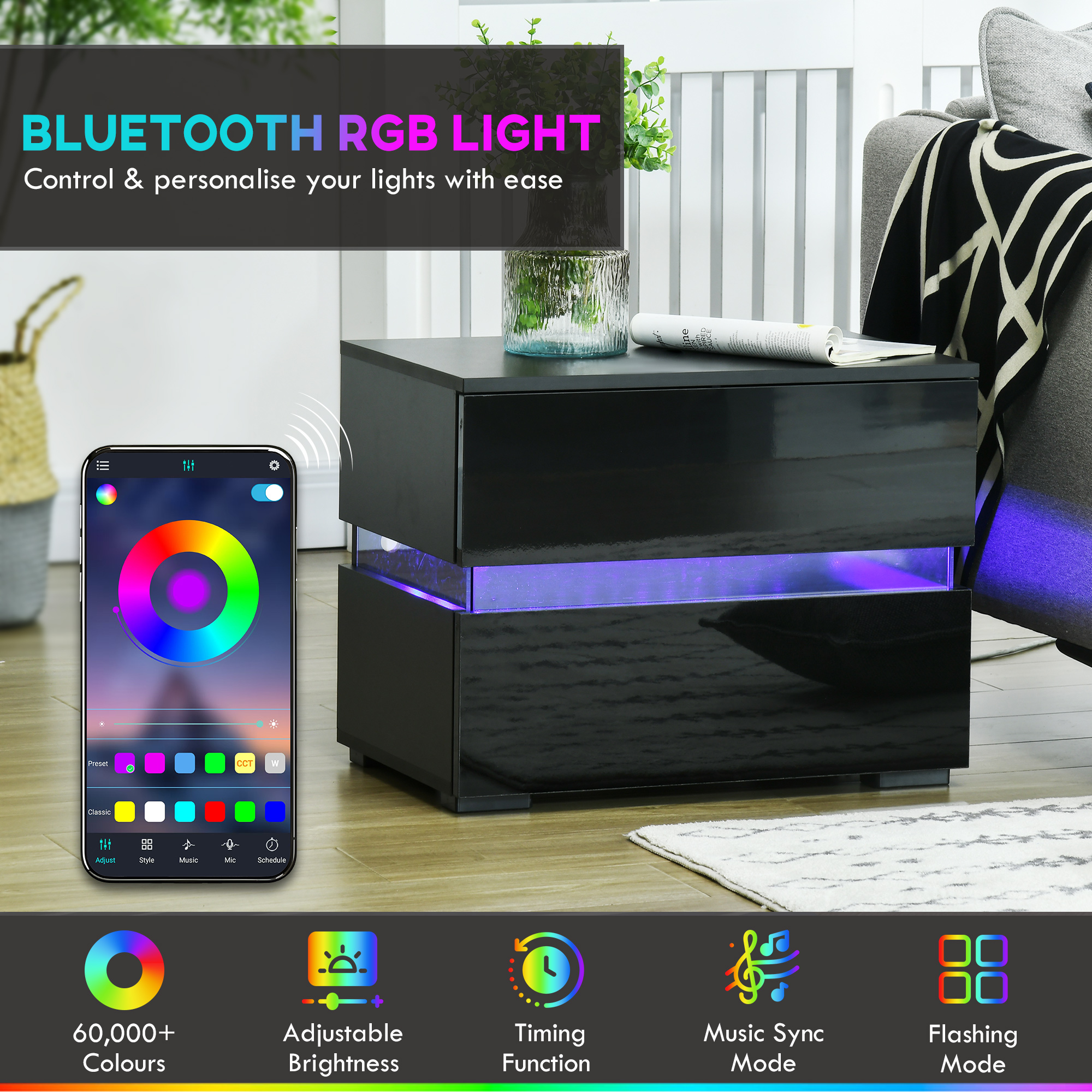 Modern Nightstand, Bedside Table with 2 Drawers, RGB LED Lights for Bedroom, Black - Image 2