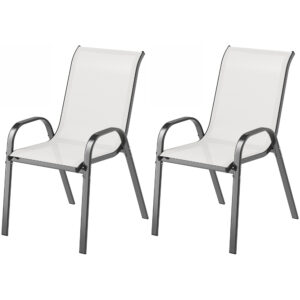 Set of 2 Outdoor Dining Chairs, Stackable Lawn Chairs with High Back, Breathable Mesh Seat for Garden Porch, Light Grey