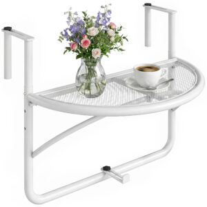 Adjustable Balcony Hanging Railing Table, Metal Mounting Mini Wall Desk Storage Rack, Outdoor Flower Stand Serving Table Half Round, White