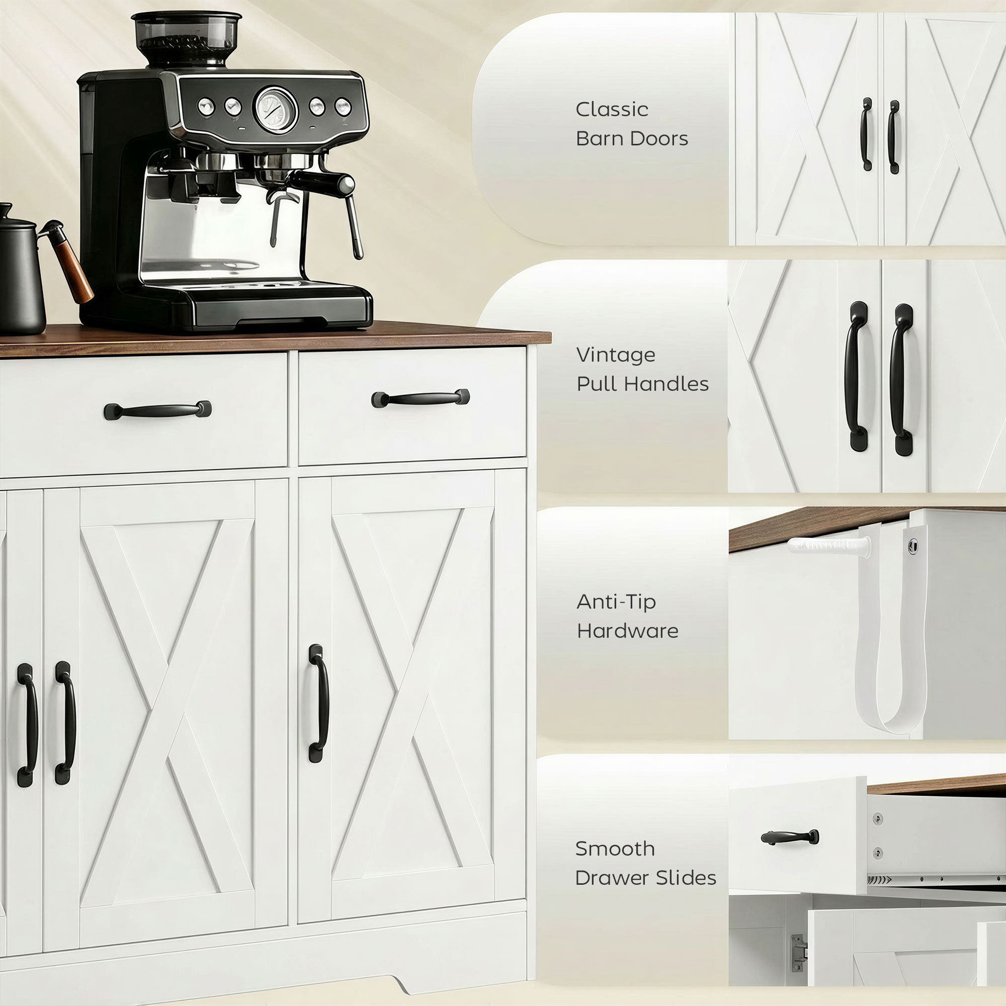 Sideboard Buffet Cabinet, 43" Farmhouse Kitchen Cabinet with 3 Barn Doors, 2 Drawers, 2 Adjustable Shelves, White - Image 5