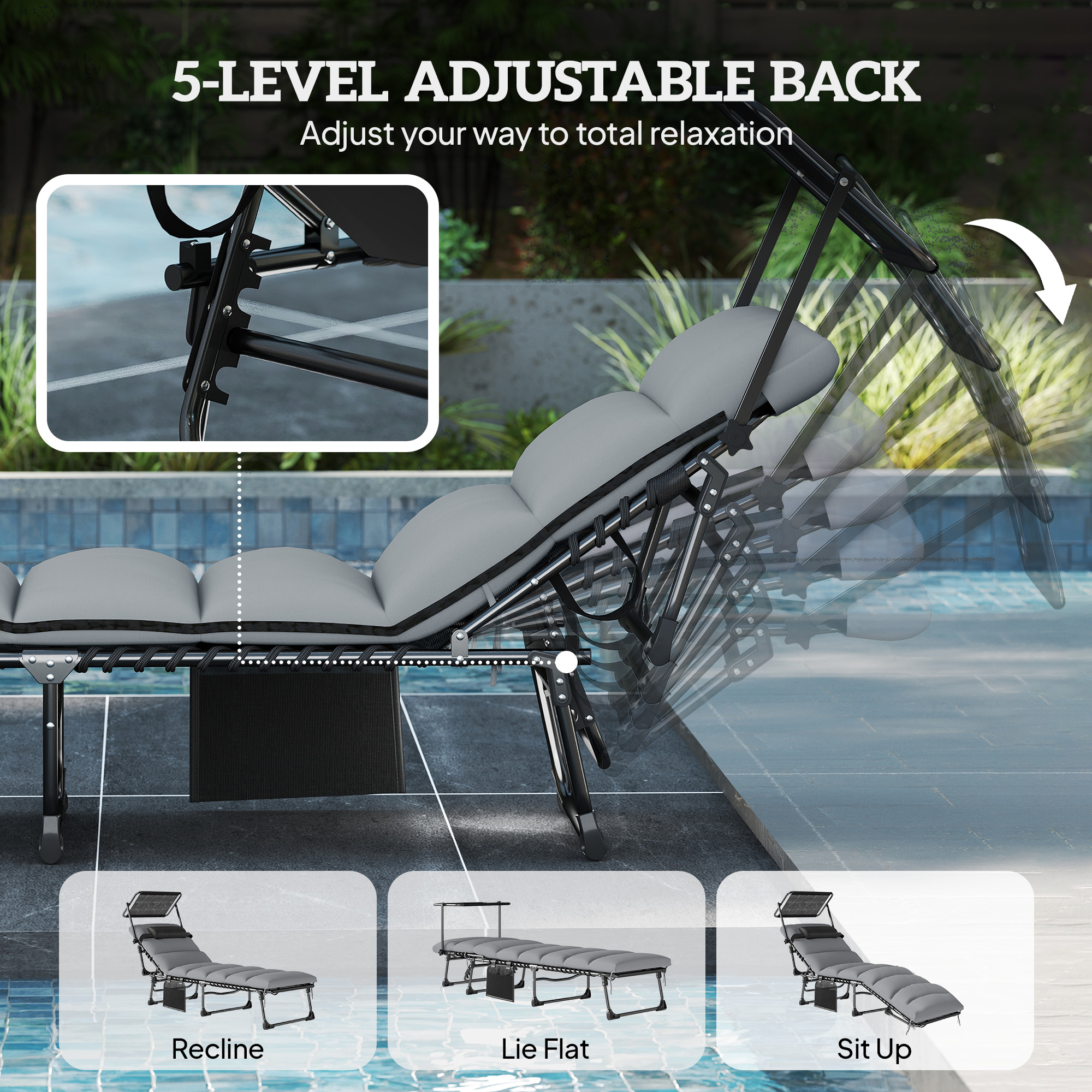 Lounge Chair Outdoor, Folding Chaise Lounge with 5-Level Adjustable Back, Cushion, Side Pocket and Headrest - Image 2