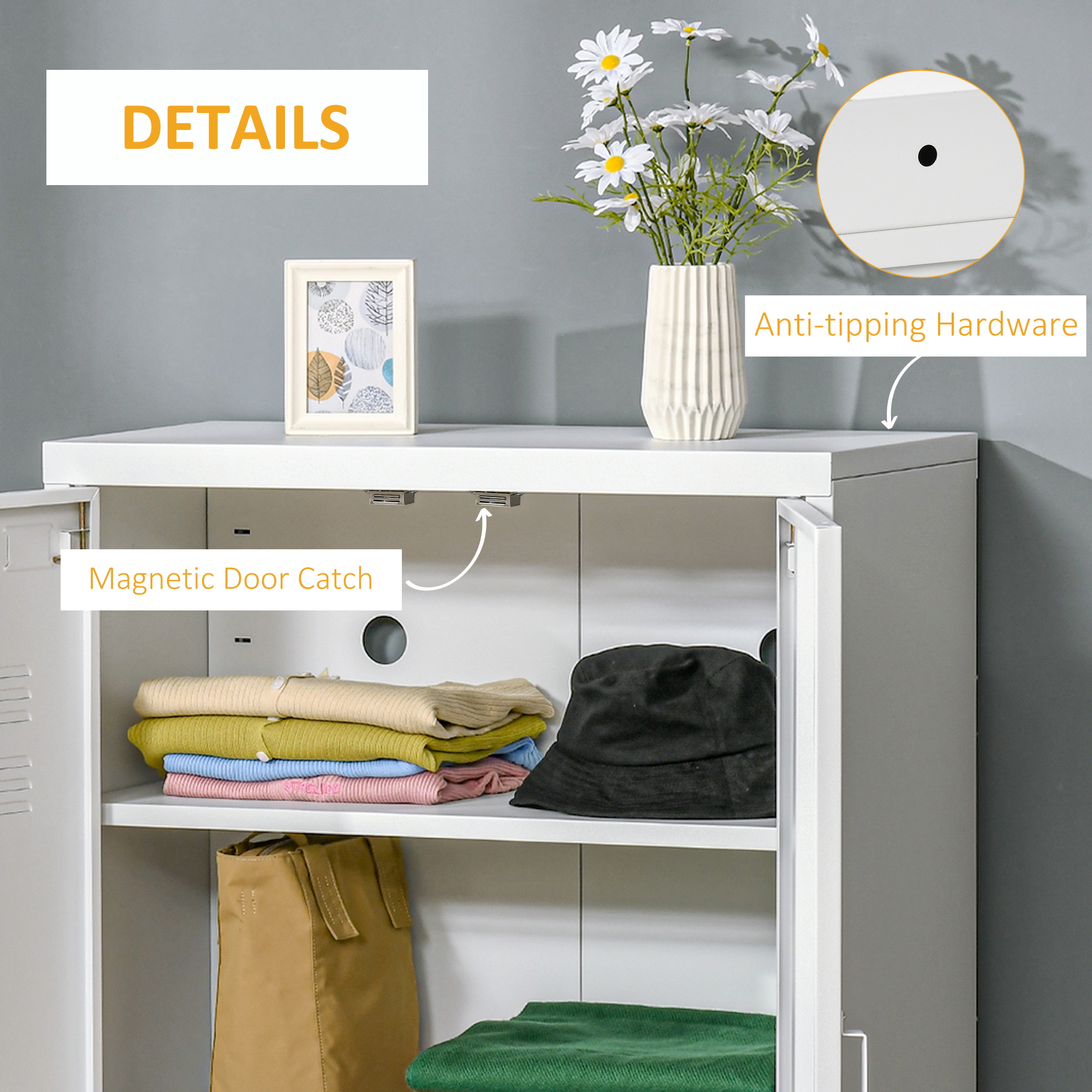 Metal Storage Cabinet, Industrial Sideboard Buffet Cabinet with 2 Louvered Doors, Adjustable Shelves, White - Image 4