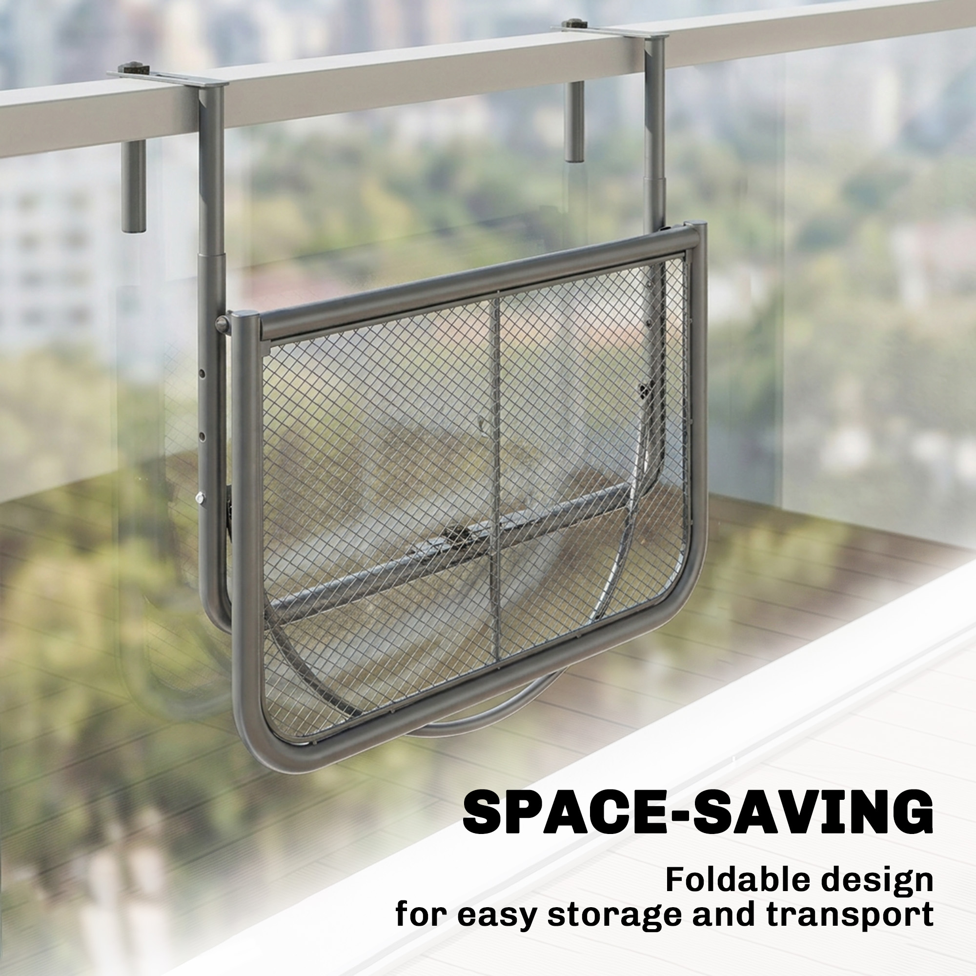 Adjustable Balcony Hanging Railing Table, Metal Mounting Mini Wall Desk Storage Rack, Outdoor Flower Stand Serving Table Rectangle, Grey - Image 3