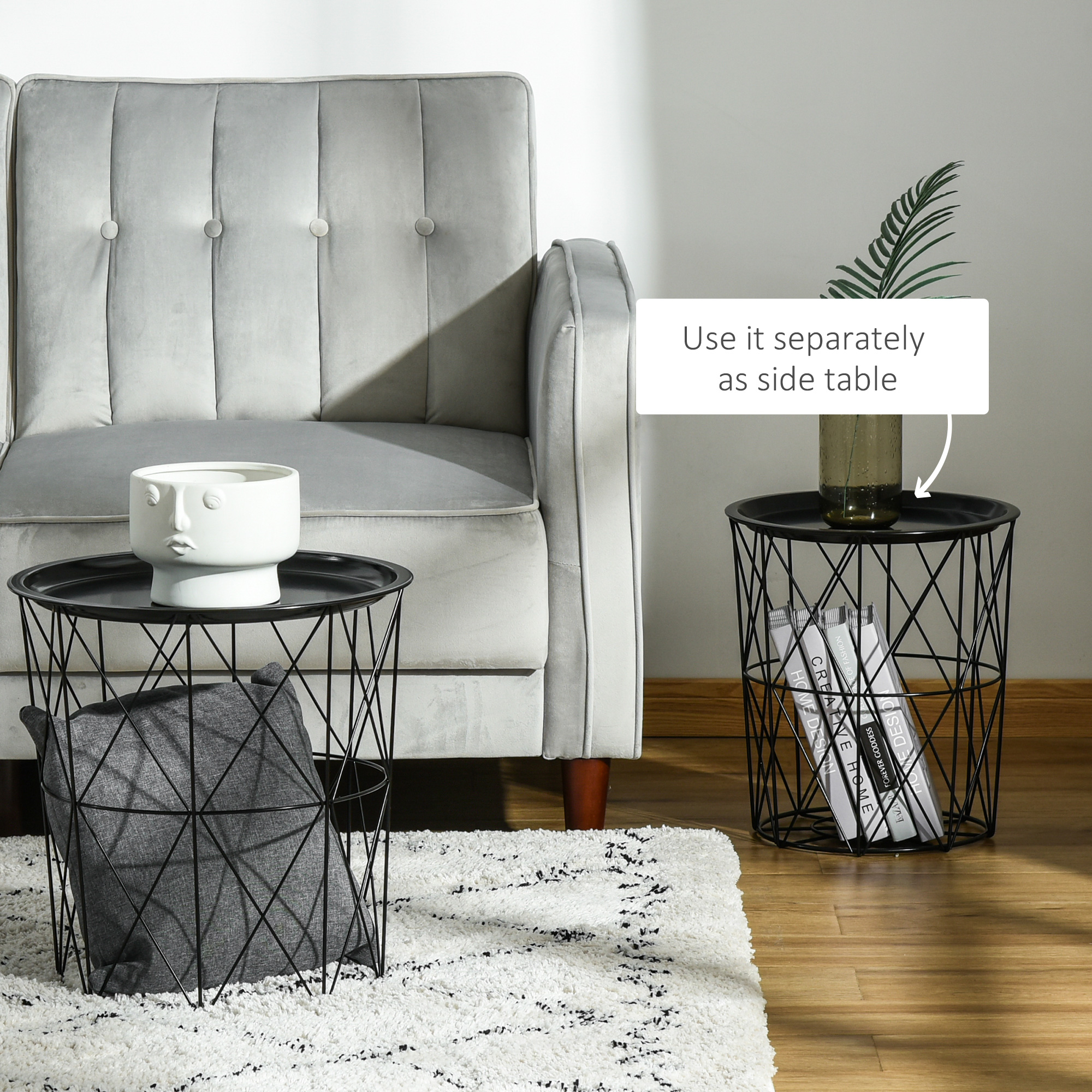 Set of 3 Nesting Coffee Tables with Storage, Round End Table with Removable Tray, Basket Side Tables with Metal Frame for Living Room, Black - Image 4