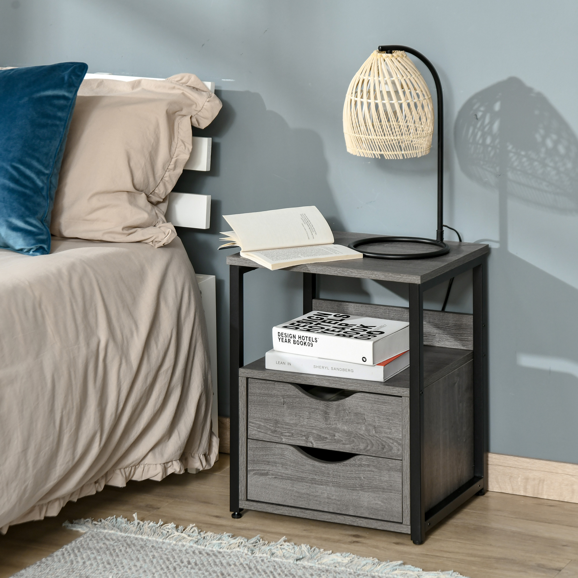 Nightstand with 2 Drawers, Industrial Side Table with Storage Shelf, Accent End Table for Bedroom, Living Room, Grey - Image 6