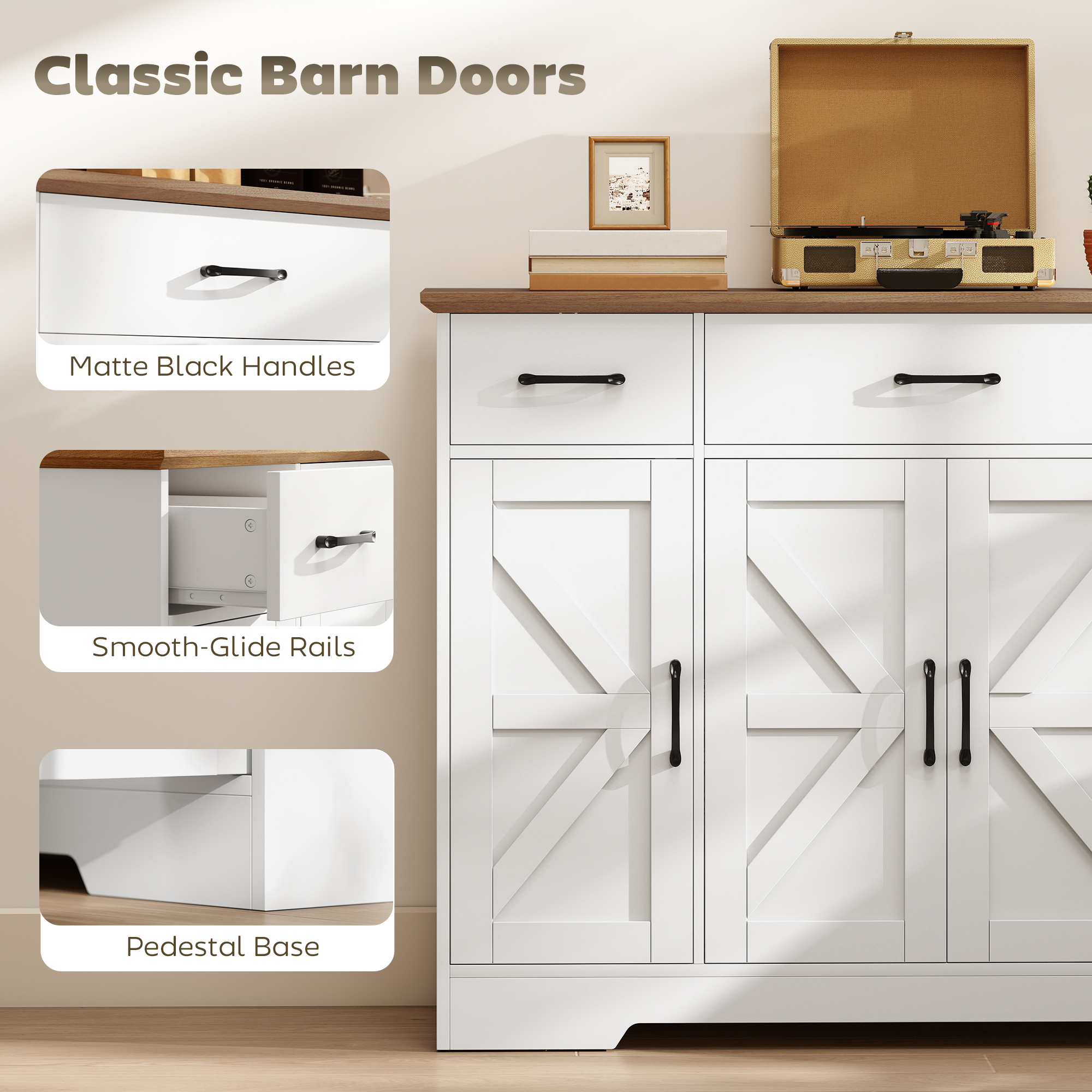 47" Buffet Cabinet with Soft-Close Hinges, Farmhouse Sideboard with 3 Drawers, Adjustable Shelves and Spice Racks, White - Image 5