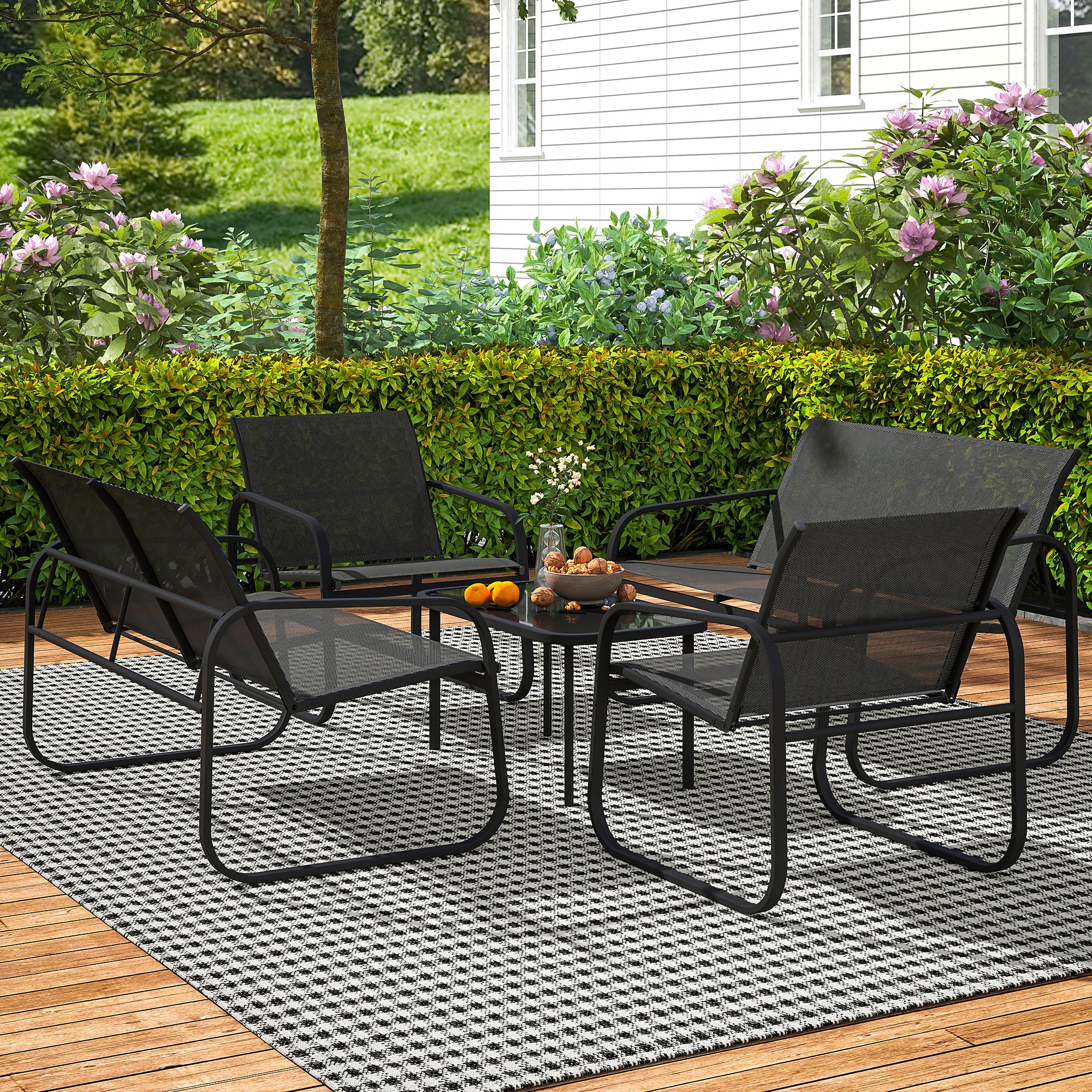 5-Piece Patio Furniture Set, Outdoor Conversation Set with 2 Loveseats, 2 Armchairs, Glass-Top Table, Black - Image 6