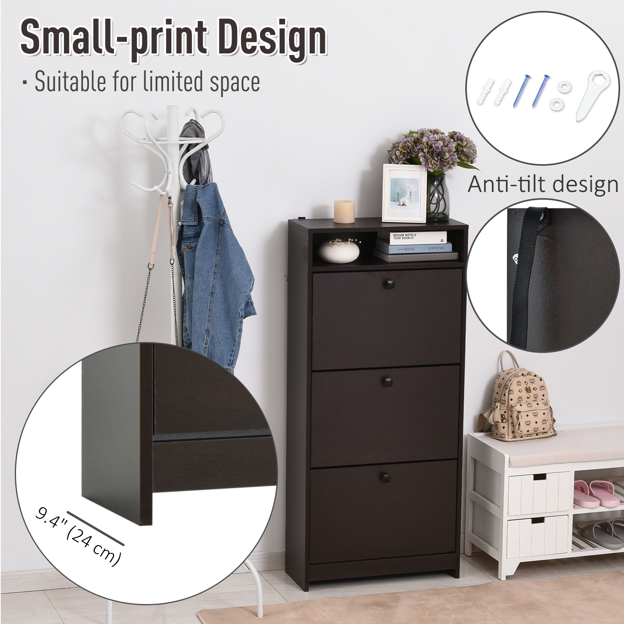 Slim Shoe Storage with 3 Flip Drawers and Adjustable Shelves Shoe Cabinet Organizer for 9 Pair, Coffee - Image 4