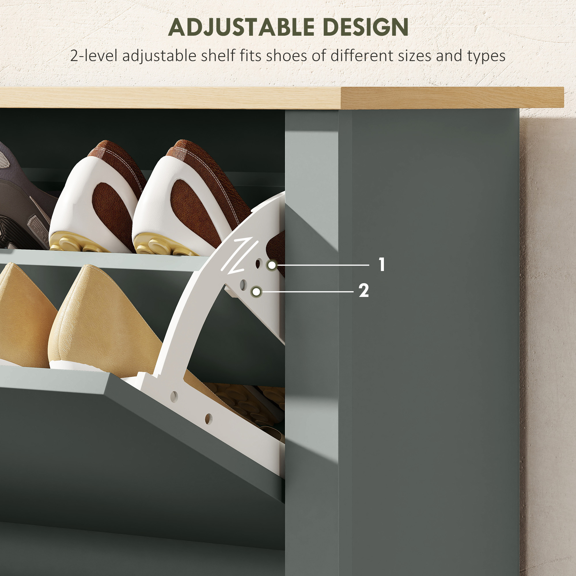 Shoe Storage Cabinet with 2 Flip Drawers and Adjustable Shelves for 8–12 Pairs of Shoes, Light Grey - Image 3