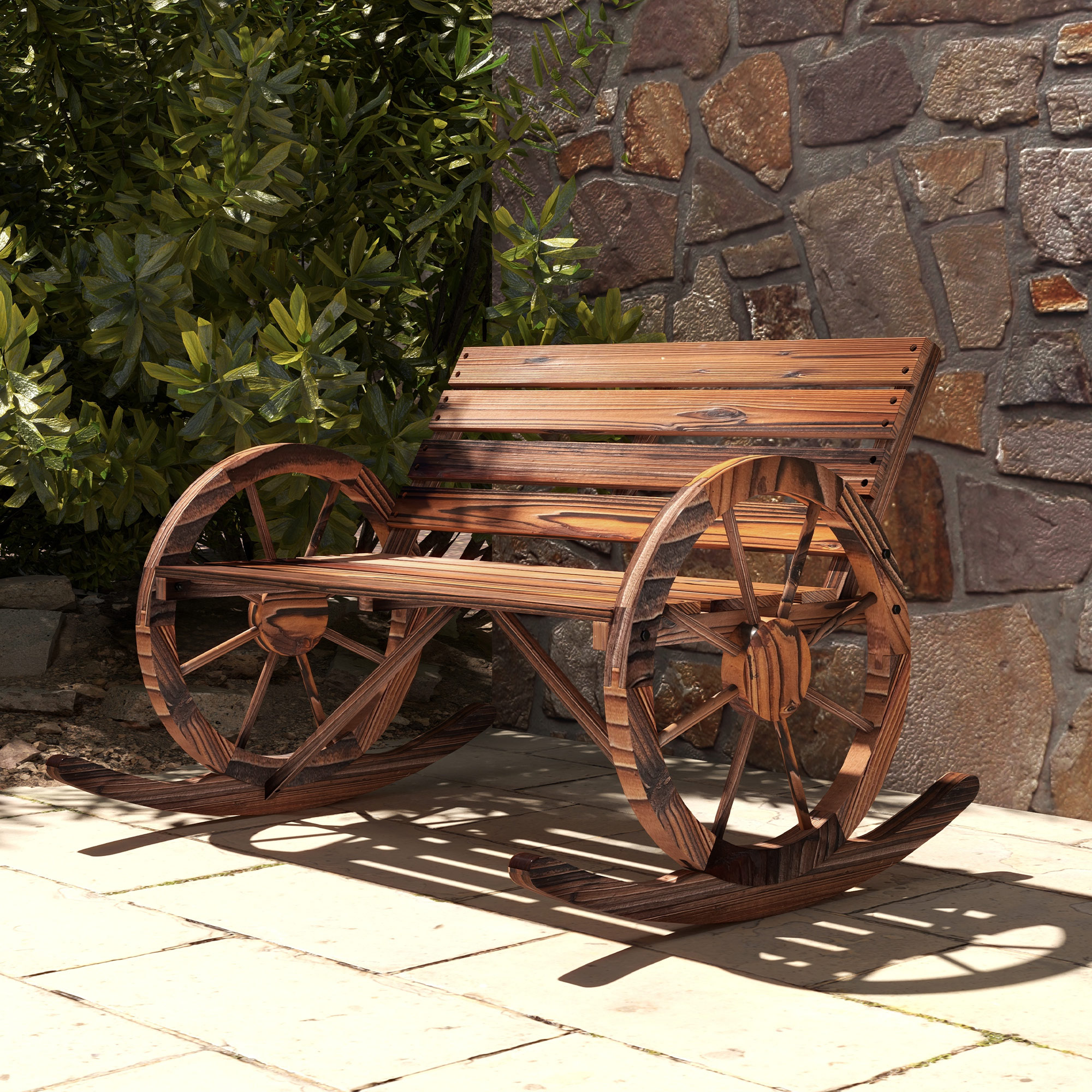 Rocking Outdoor Bench, Wood Outdoor Loveseat with Wagon Wheel Armrests, Carbonized - Image 6