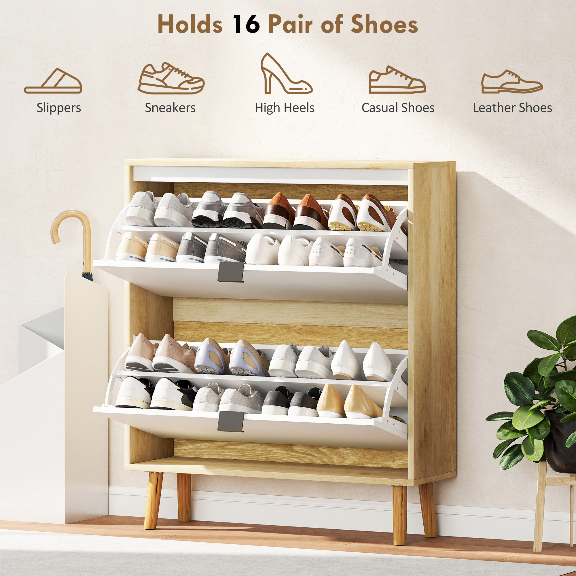 Narrow Shoe Cabinet, High Gloss Shoe Storage Cabinet with 2 Flip Drawers and Adjustable Shelves, Holds 16 Pairs, White - Image 3