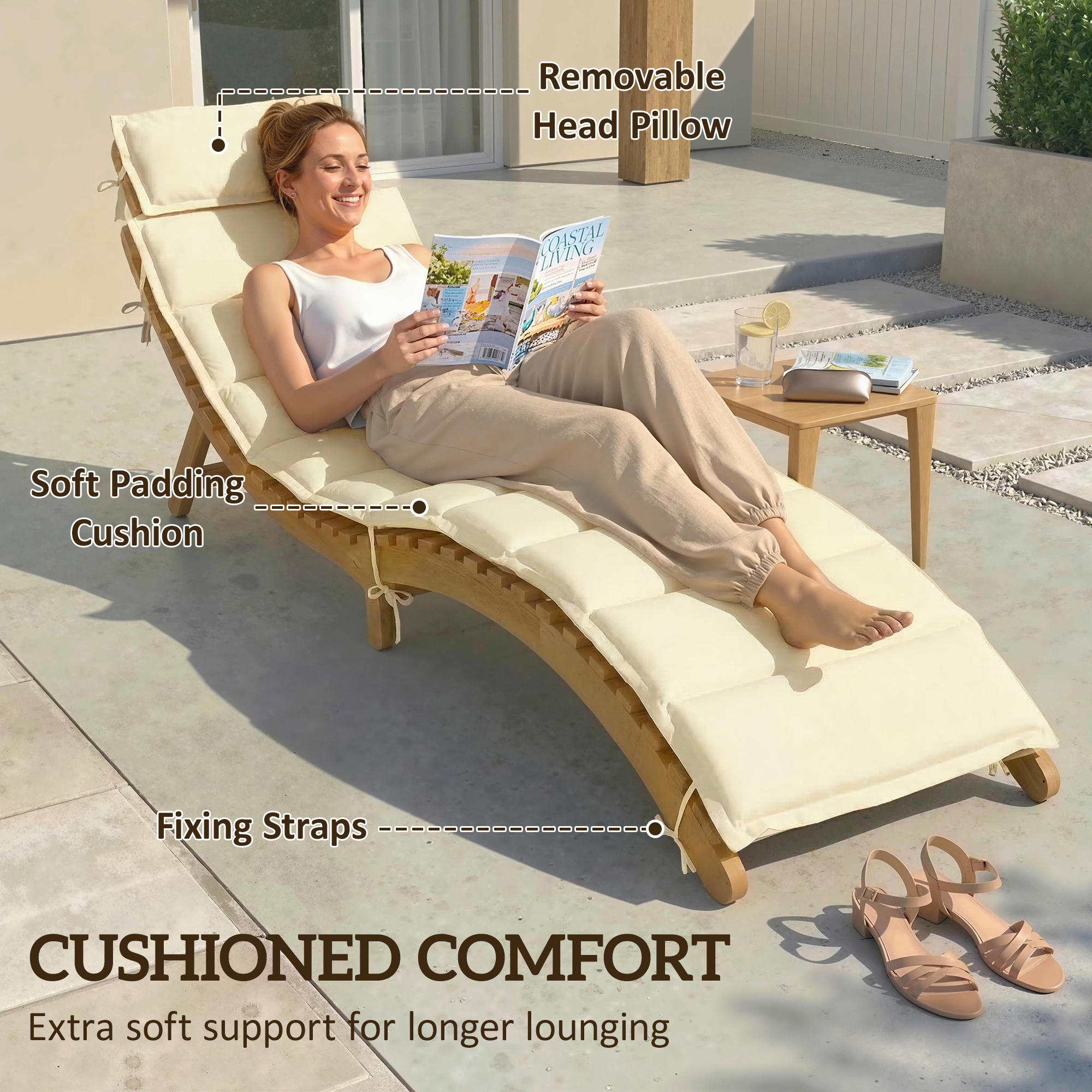 Folding Chaise Lounge Chair Outdoor, Acacia Wood Lounger Tanning Chair with Cushion, Headrest, Cream White - Image 5