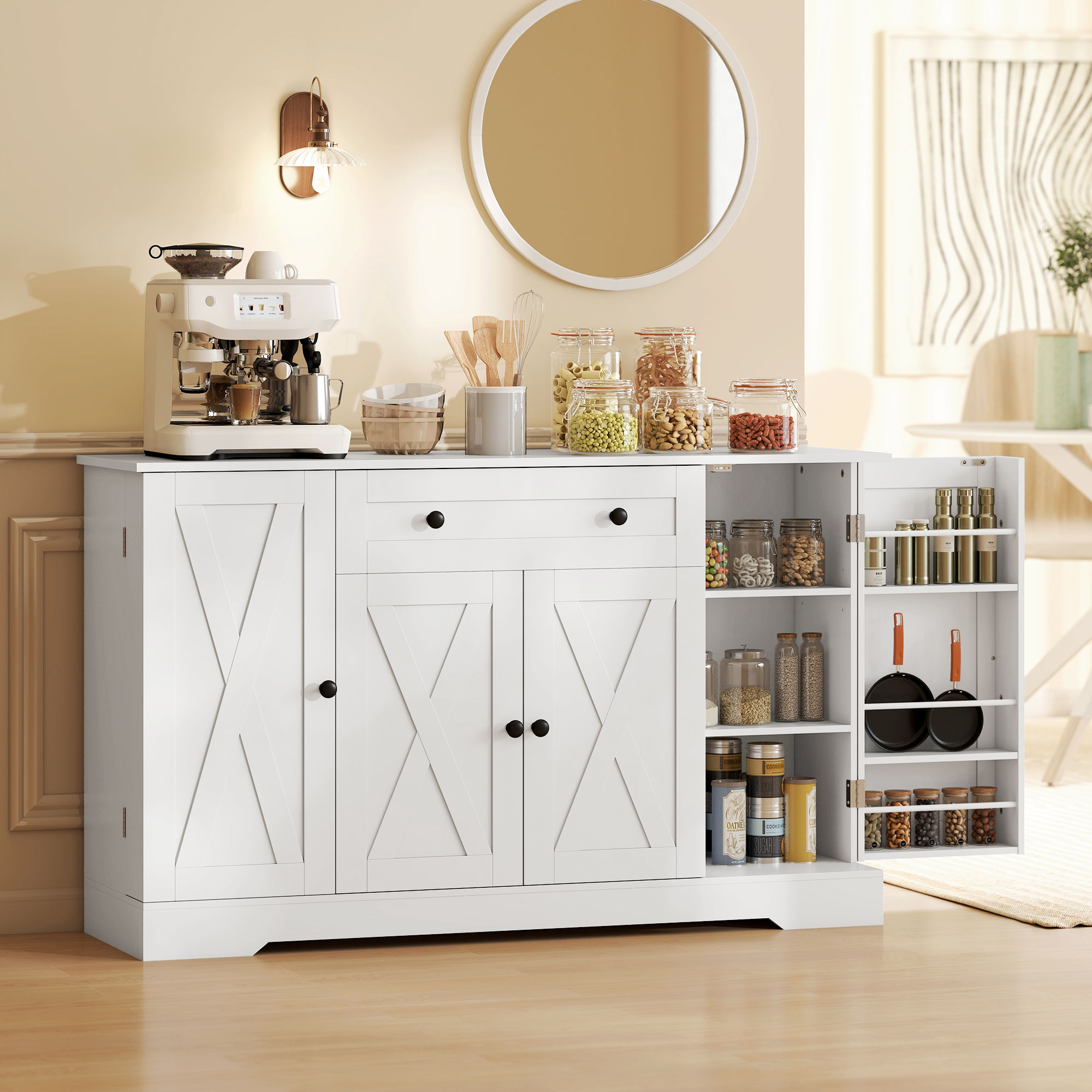 Sideboard Buffet Cabinet, Farmhouse Coffee Bar Cabinet with Door Shelves, Adjustable Shelves, Drawer, Barn Doors, White - Image 6