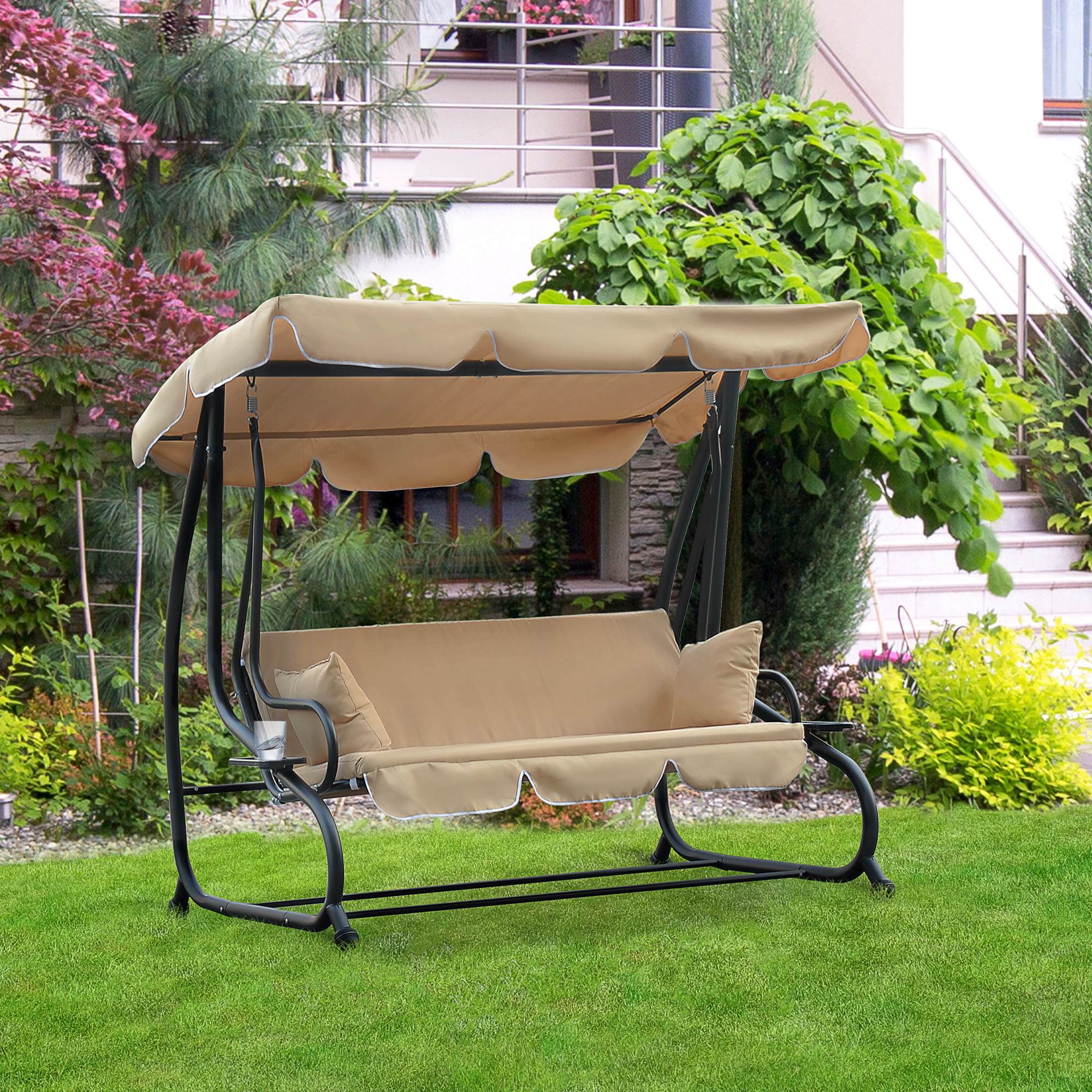 3-Seat Outdoor Patio Swing Chair, 2-in-1 Convertible Flat Bed, Canopy Swing with Adjustable Shade, Removable Cushions, Cup Holder, Beige - Image 6