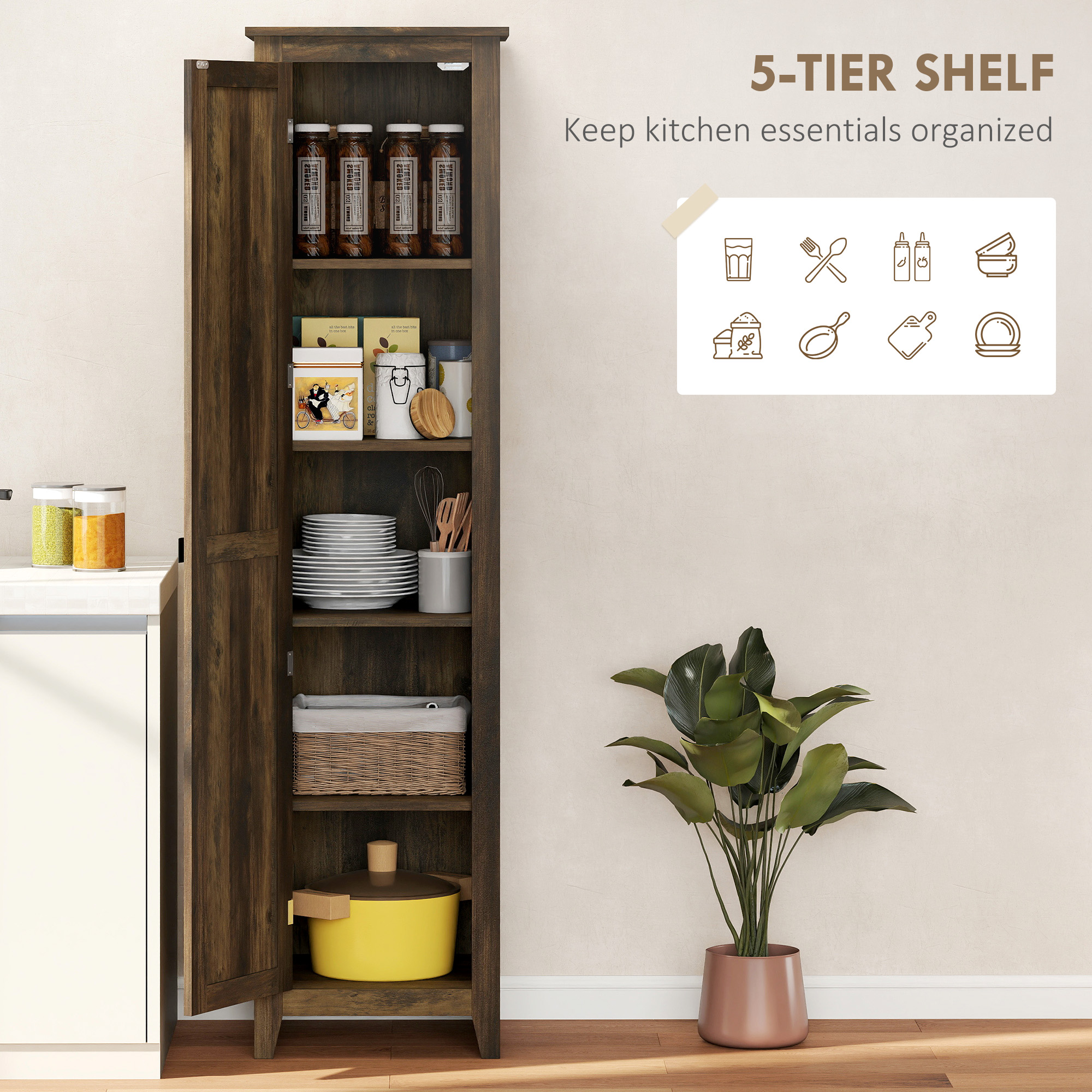 67" Farmhouse Kitchen Pantry Storage Cabinet with Barn Door, Kitchen Pantry Cabinet with Adjustable Shelves, Brown - Image 2