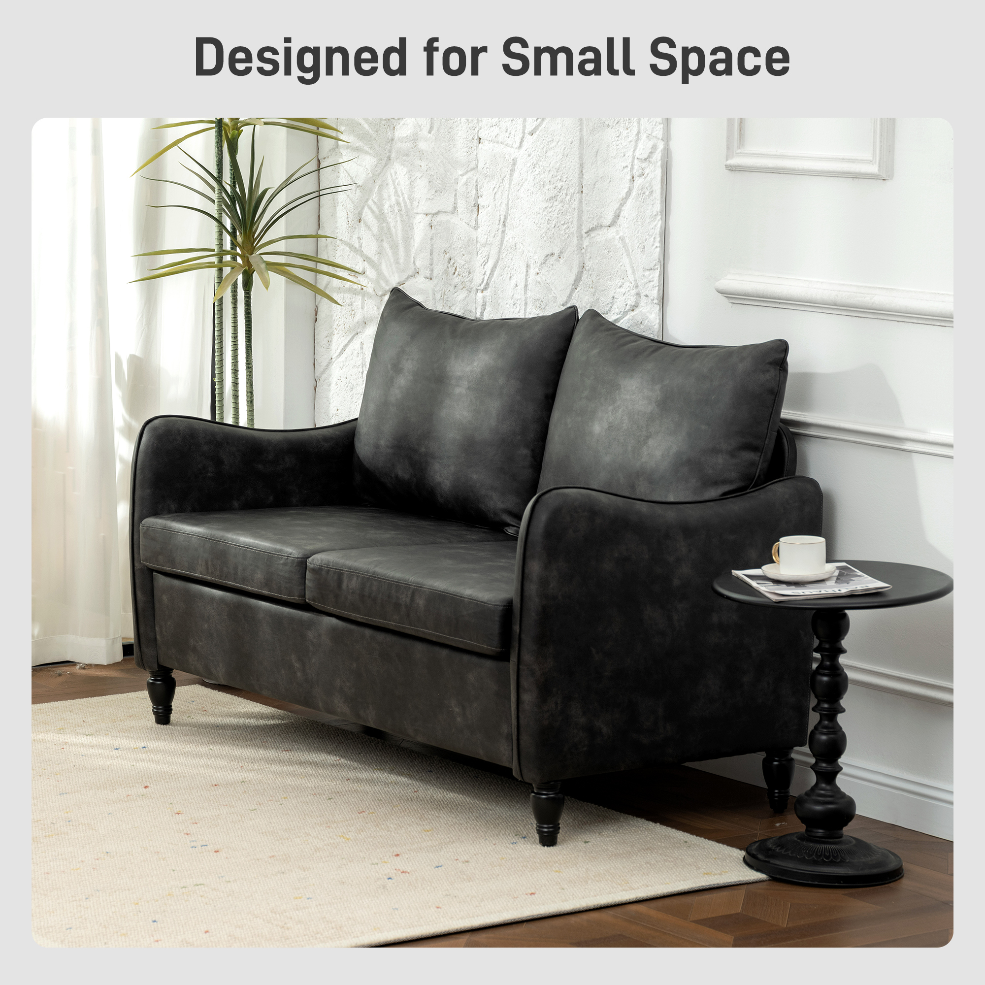 55" Loveseat Sofa, Small 2 Seater Couch with Solid Wood Legs, Modern PU Leather Upholstered Sofa for Small Spaces, Grey - Image 4
