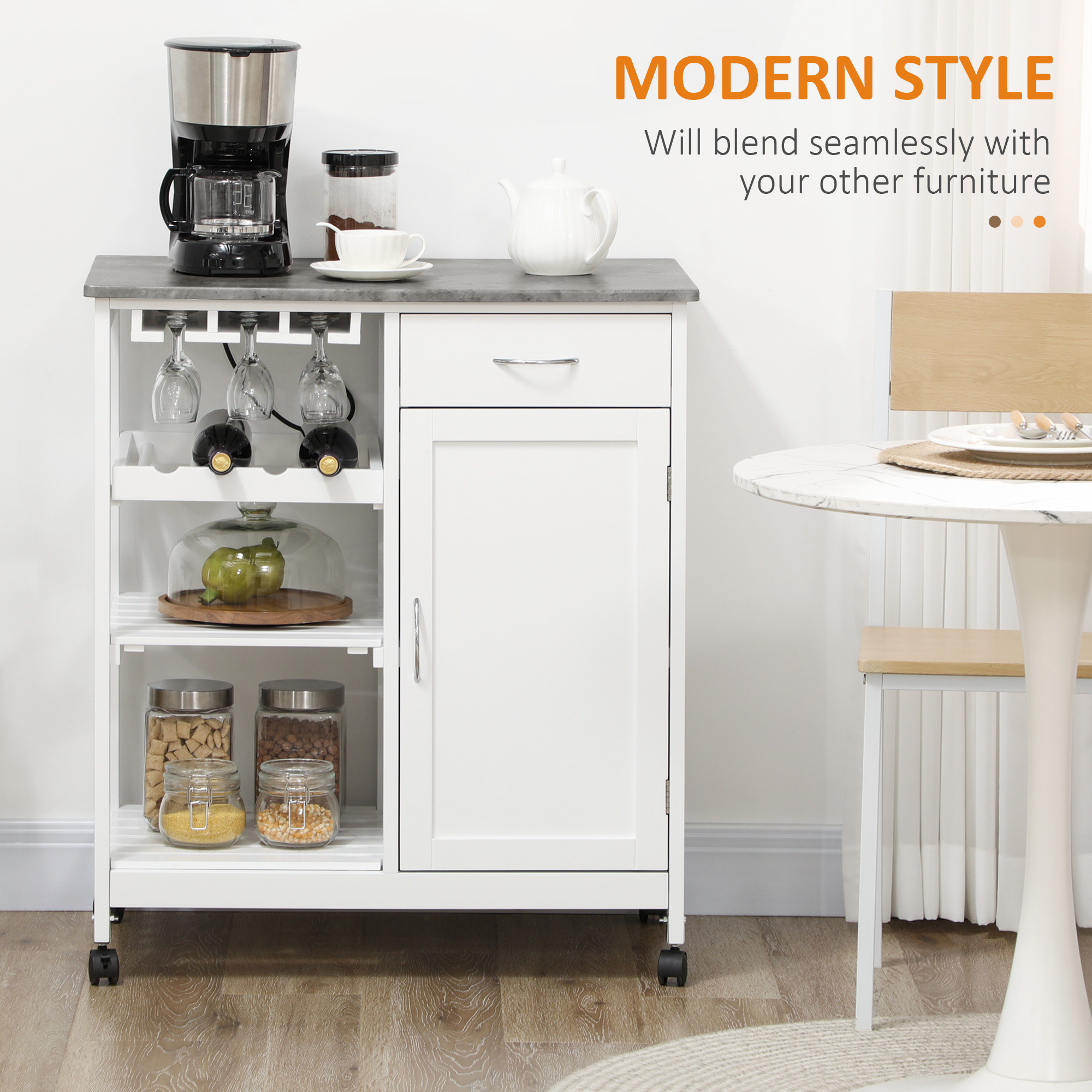 Rolling Kitchen Cart, Bar Cart on Wheels with Wine Rack, Drawer, Open Shelves, Cabinet and Faux Marble Top, Kitchen Island with Storage, White - Image 3