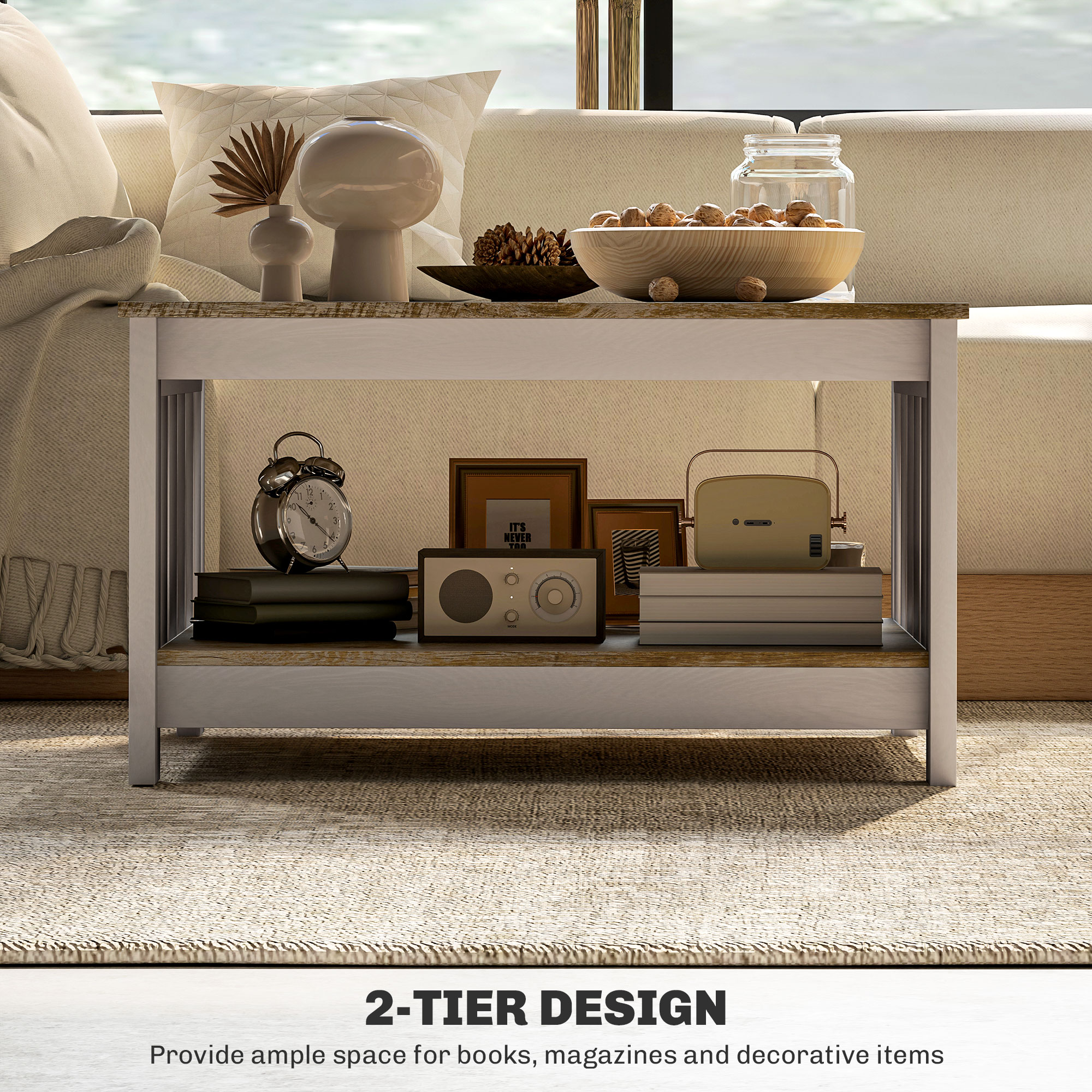 31.5" Square Coffee Table, Farmhouse 2-Tier Center Table for Living Room, Distressed Oak and Brown - Image 3