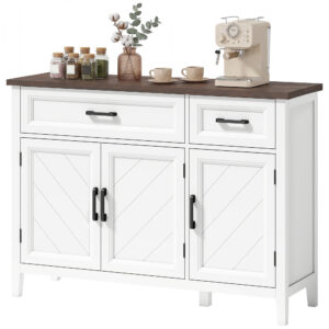 Sideboard Buffet Cabinet, 44" Farmhouse Kitchen Cabinet with 3 Chevron Doors, 2 Drawers and 2 Adjustable Shelves, White