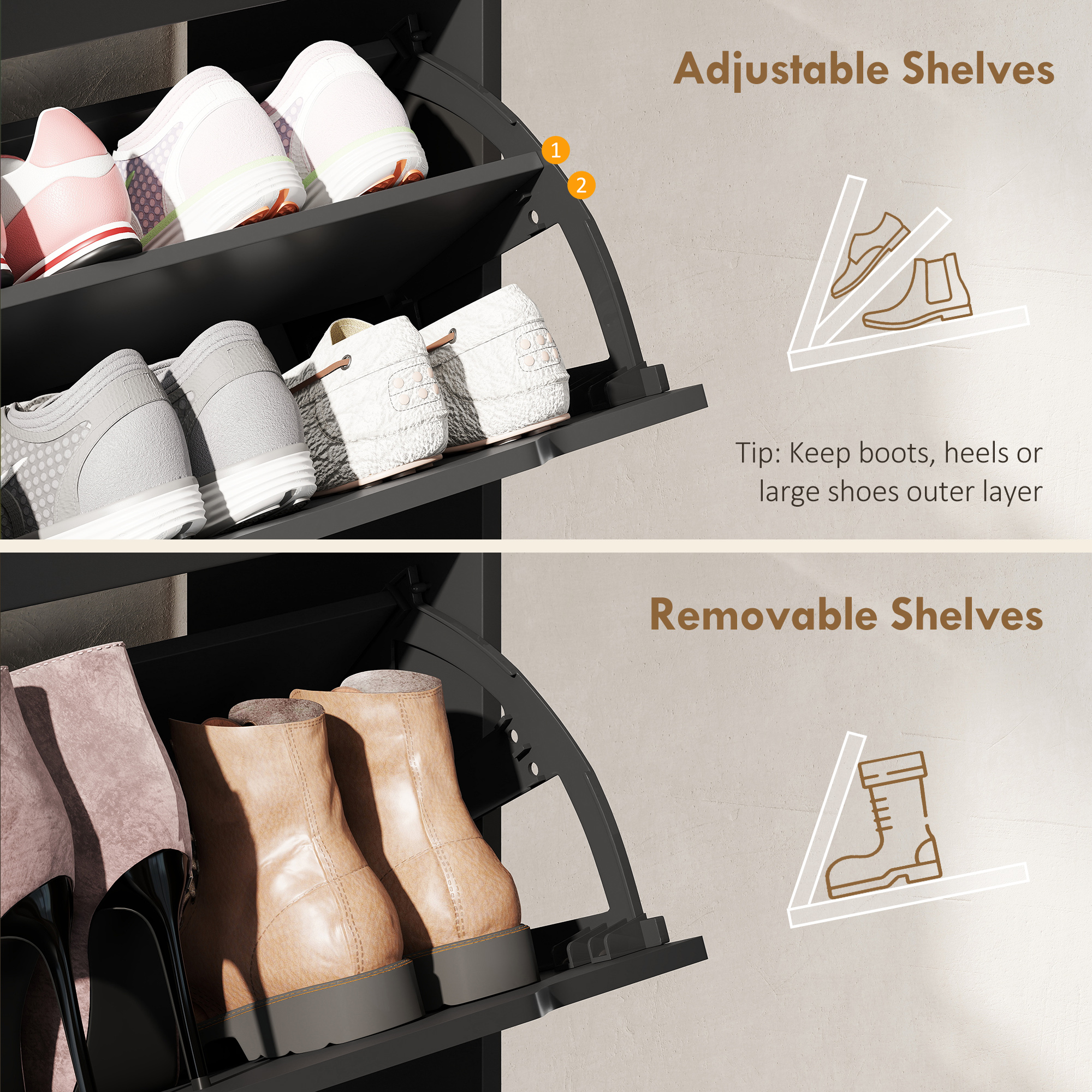 Narrow Shoe Cabinet for Entryway with 2 Flip Drawers, Top Drawer and Adjustable Shelves for 12 Pairs of Shoes, Black - Image 4