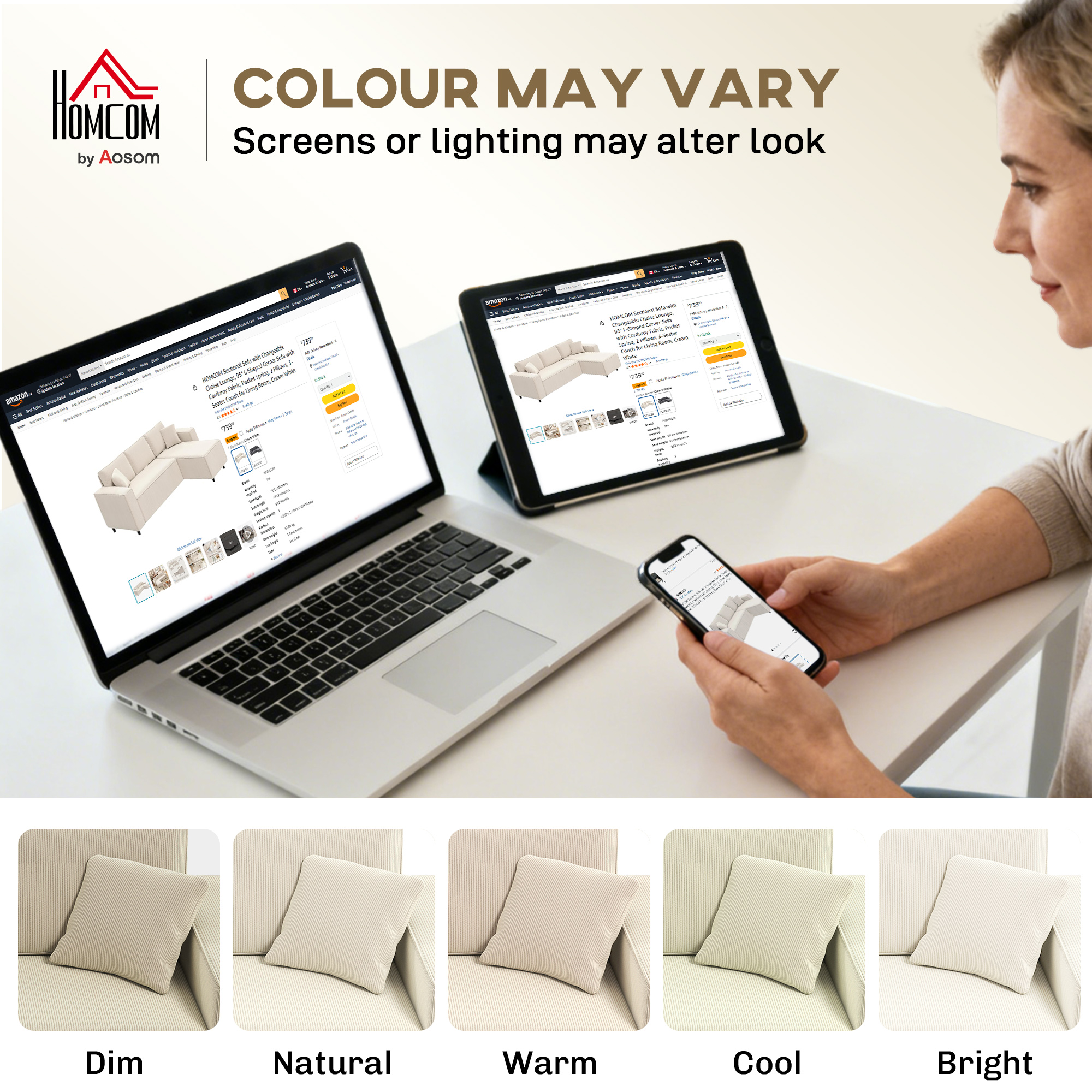 Corner Sofa with Changeable Chaise, Corduroy L-Shaped Sectional Sofa with Pocket Spring, 2 Pillows, Cream White - Image 5
