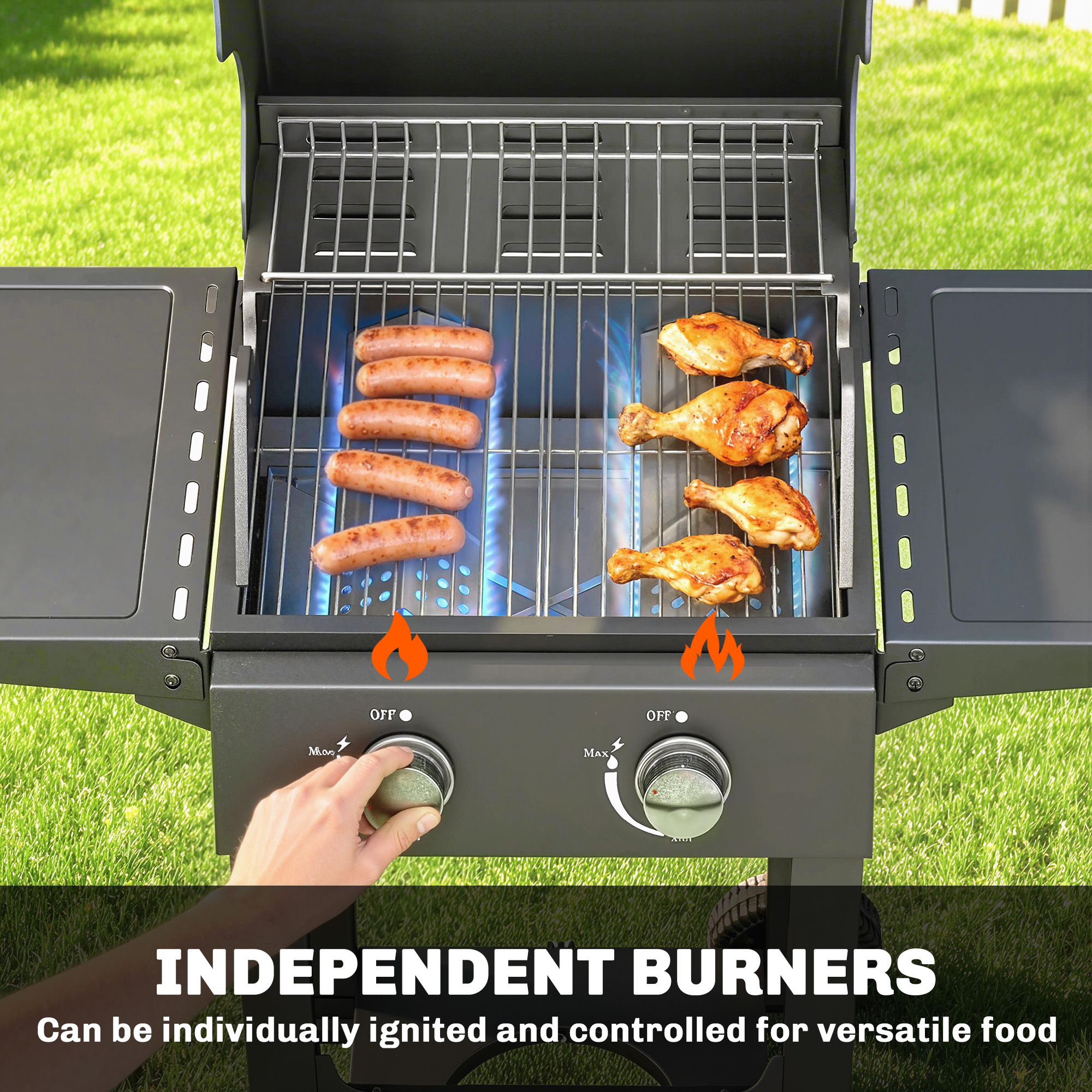 2 Burner Propane Gas Grill with Wheels, 18,400 BTU Portable BBQ Grill with Foldable Side Shelves, Warming Rack, Black - Image 2