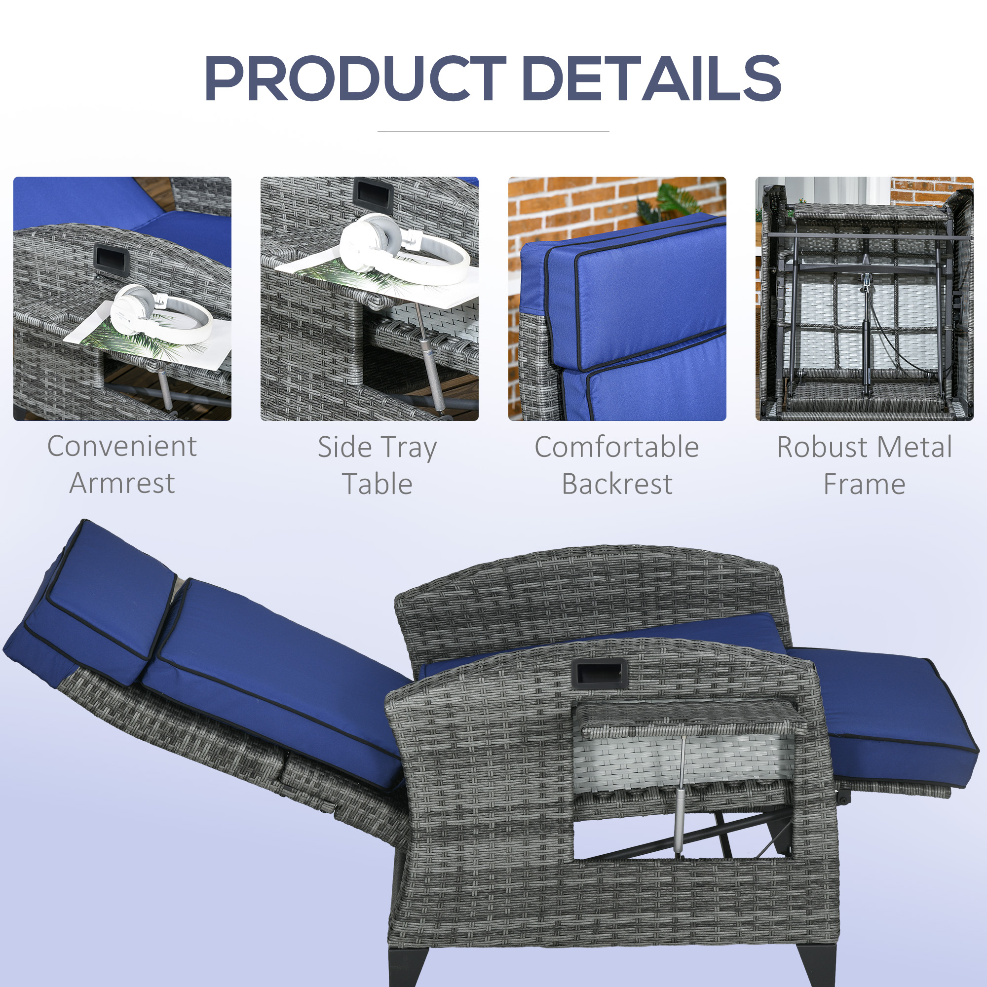 Outdoor Recliner Chair with Adjustable Backrest, Cushion, Side Tray, Dark Blue - Image 4