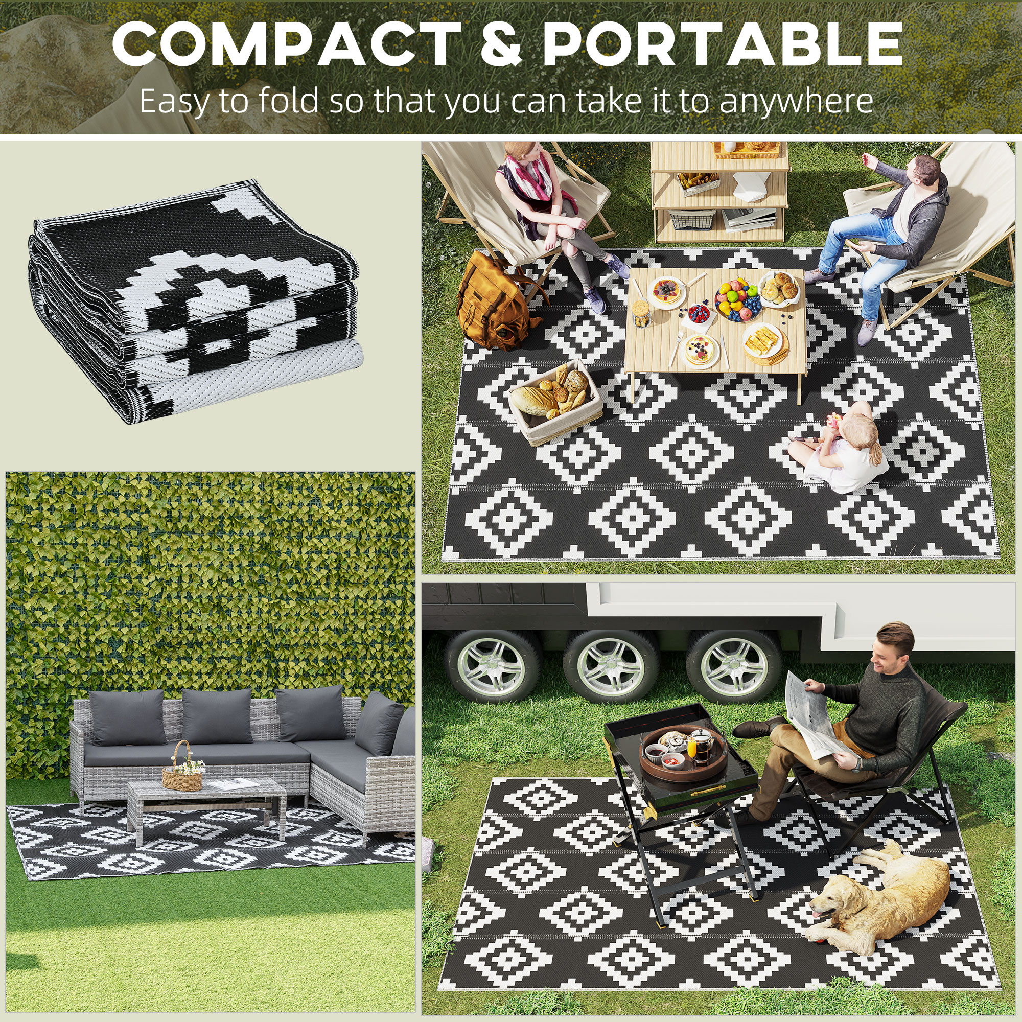 Reversible Outdoor RV Rug, Patio Floor Mat, 6' x 9' Plastic Straw Rug for Backyard, Deck, Beach, Camping, Black & White - Image 2