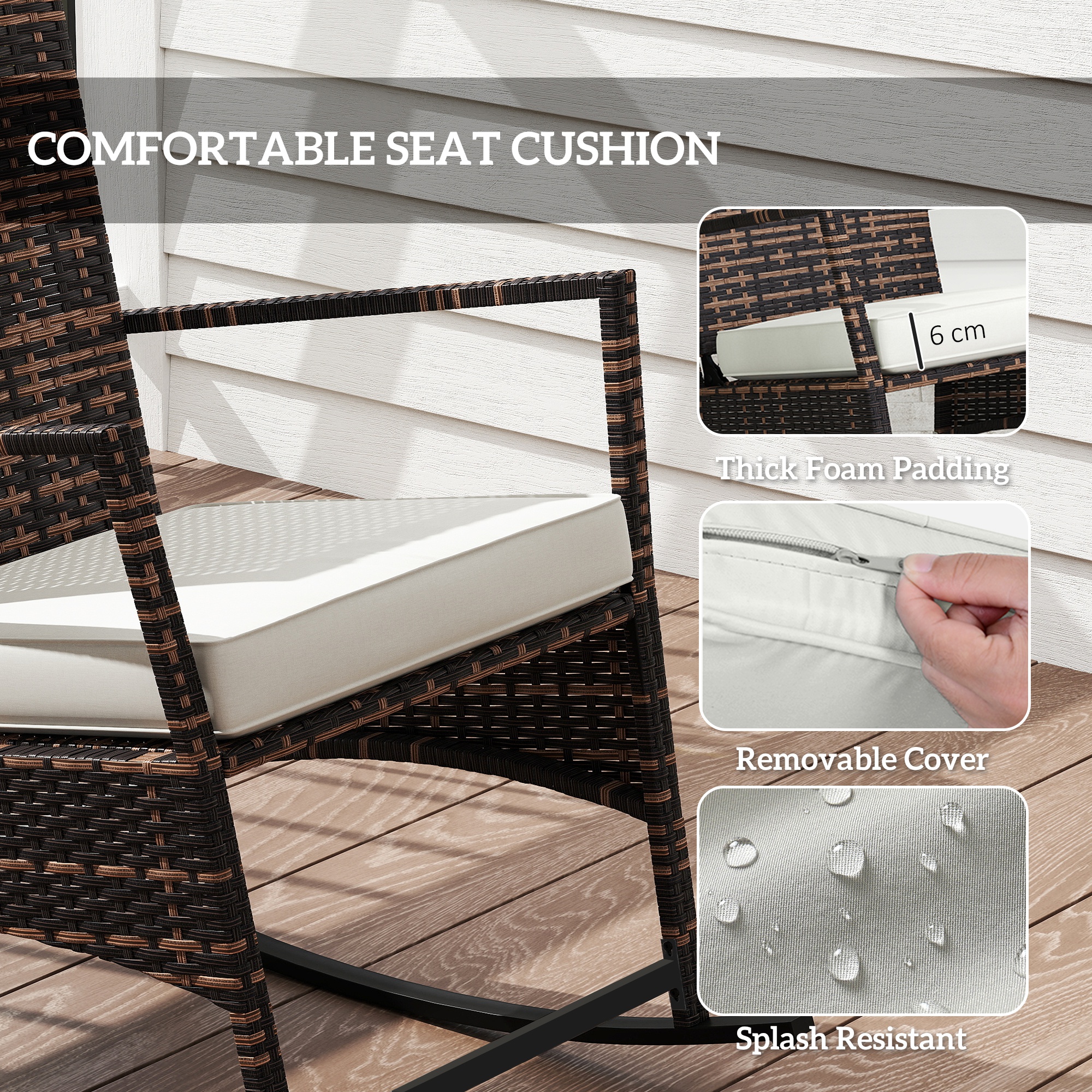 3 Piece Rocking Bistro Set, Wicker Patio Furniture with 3-Level Reclining High Back Rocking Chair and Glass Table, White - Image 5
