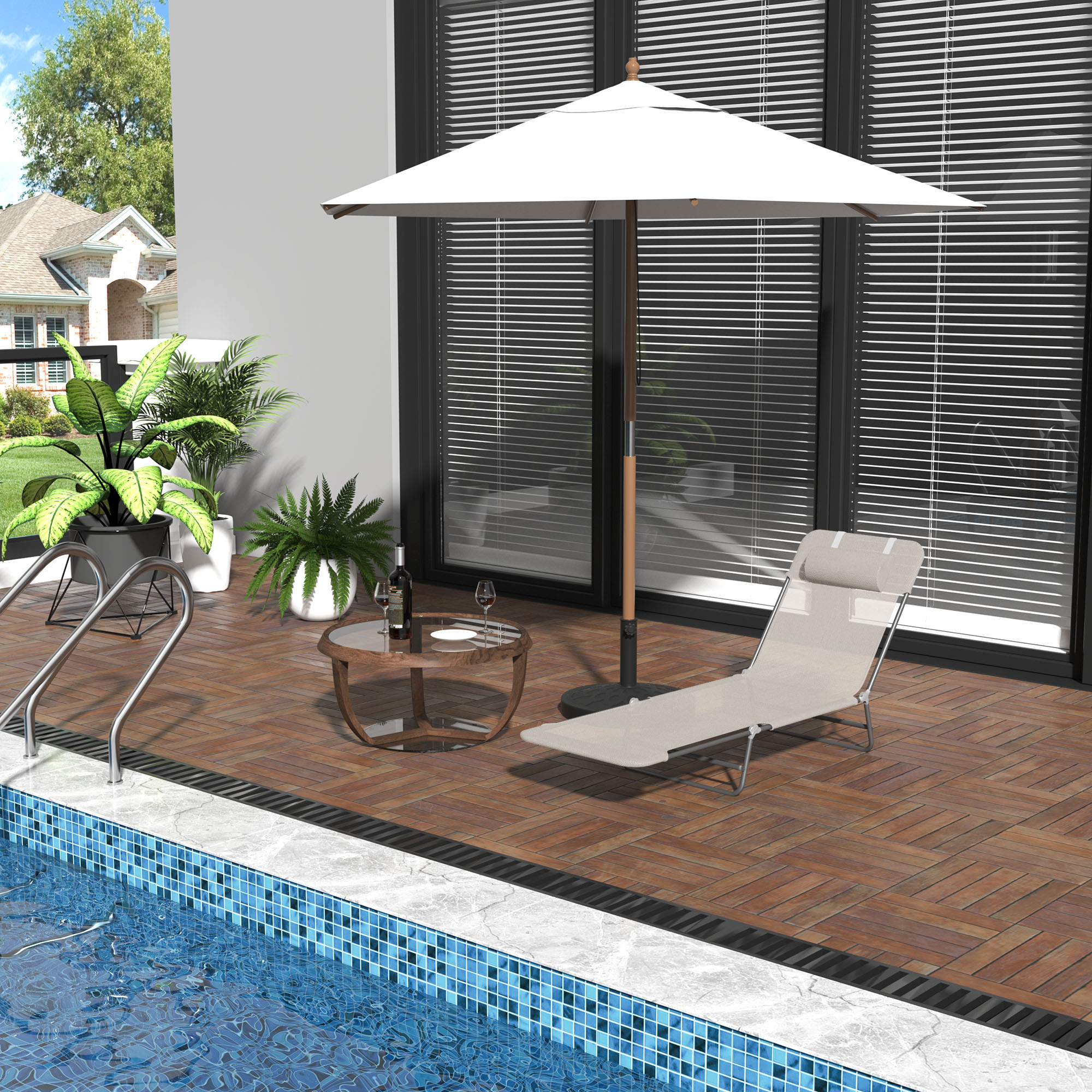 Outdoor Lounge Chair, Portable Adjustable Reclining Seat Folding Chaise Lounge Patio Camping Beach Tanning Chair Bed with Pillow, Beige - Image 6