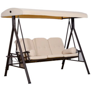 3 Seater Heavy Duty Swing Chair Outdoor Lounge Hammock Cushioned Seat W/ Tilt Canopy, Beige