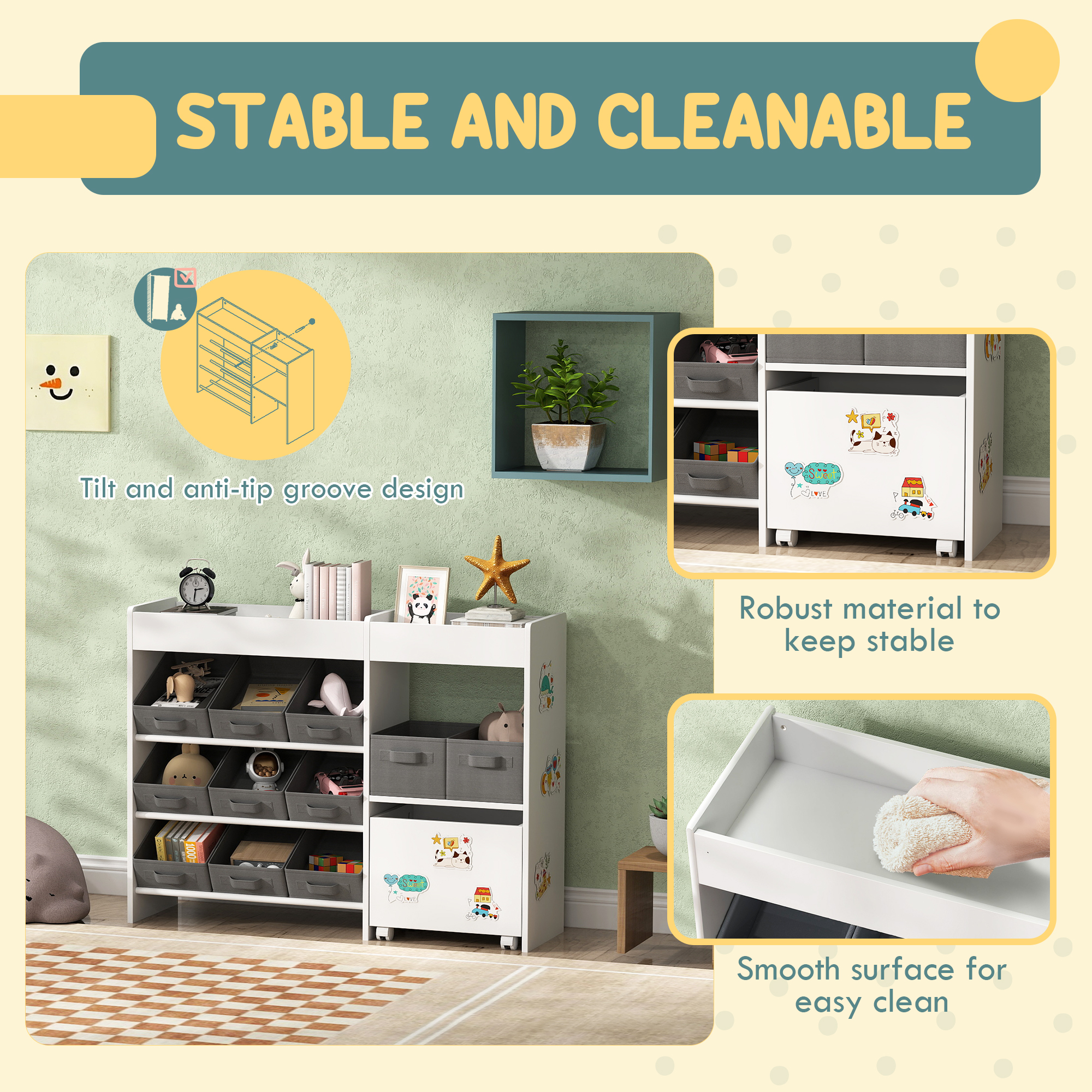 Qaba Kids Toy Storage Organizer with 11 Bins, Moveable Cabinet, Top Shelves, 3 Stickers, for Nursery, Playroom, White - Image 3
