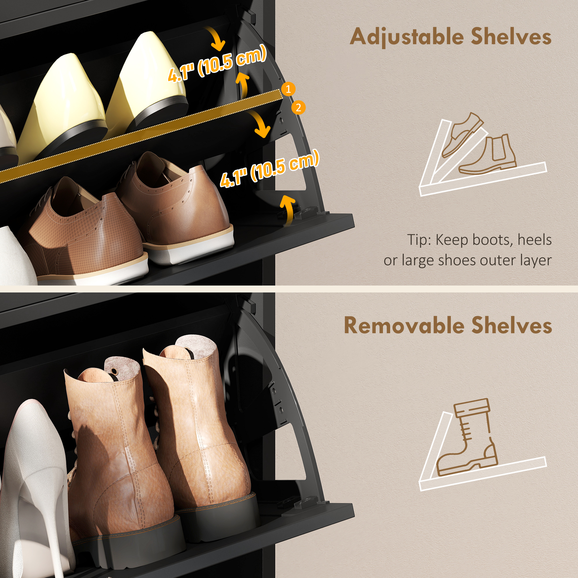 Shoe Cabinet with 2 Large Flip Drawers, Farmhouse Narrow Shoe Storage Cabinet with 2 Top Compartments, Black - Image 4