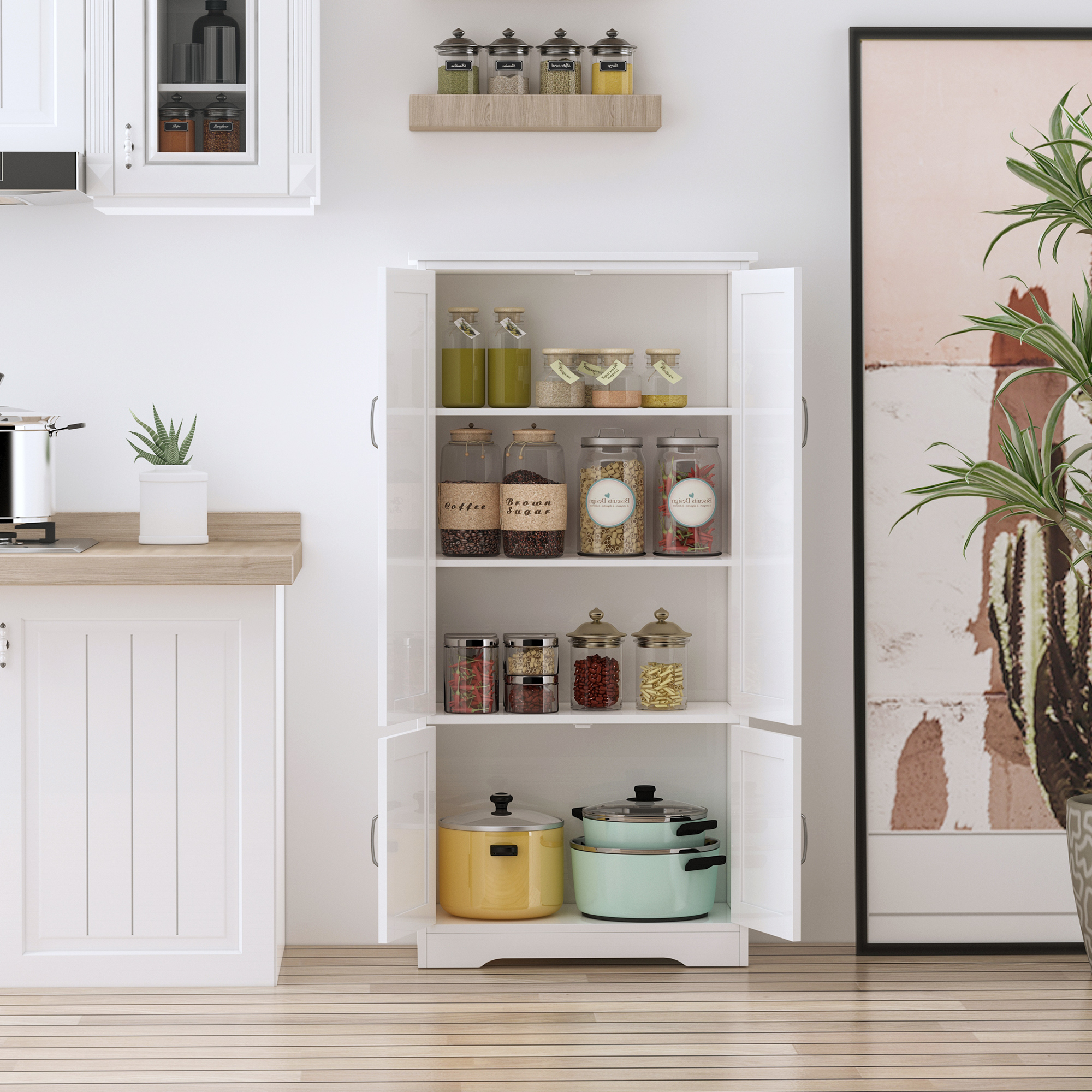 48" 4-Door Storage Cabinet Multi-Storey Large Space Pantry with Adjustable Shelves White - Image 2