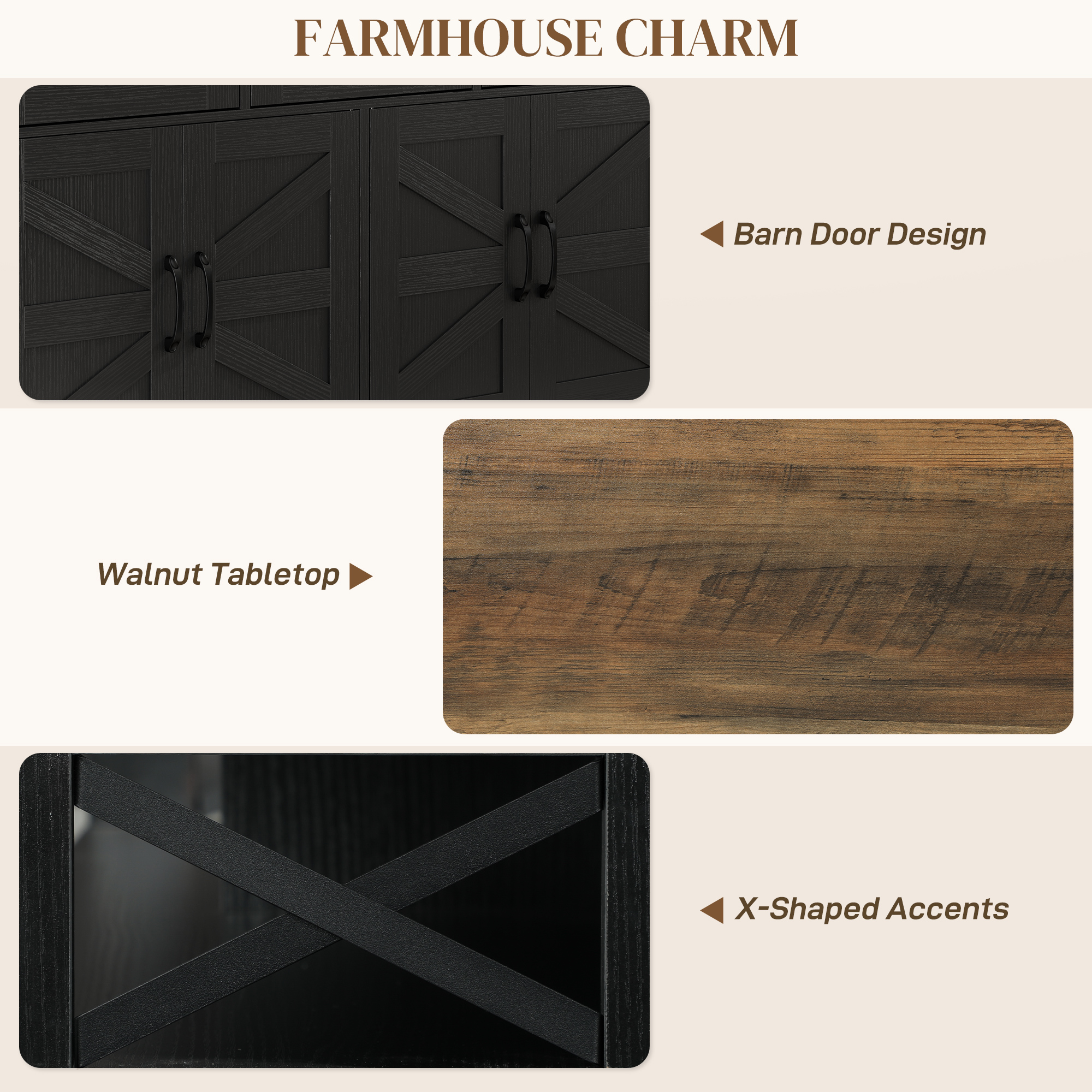 Sideboard, Buffet Cabinet with 4 Barn Doors and 3 Drawers, Coffee Bar Cabinet with Adjustable Shelves, Black - Image 4