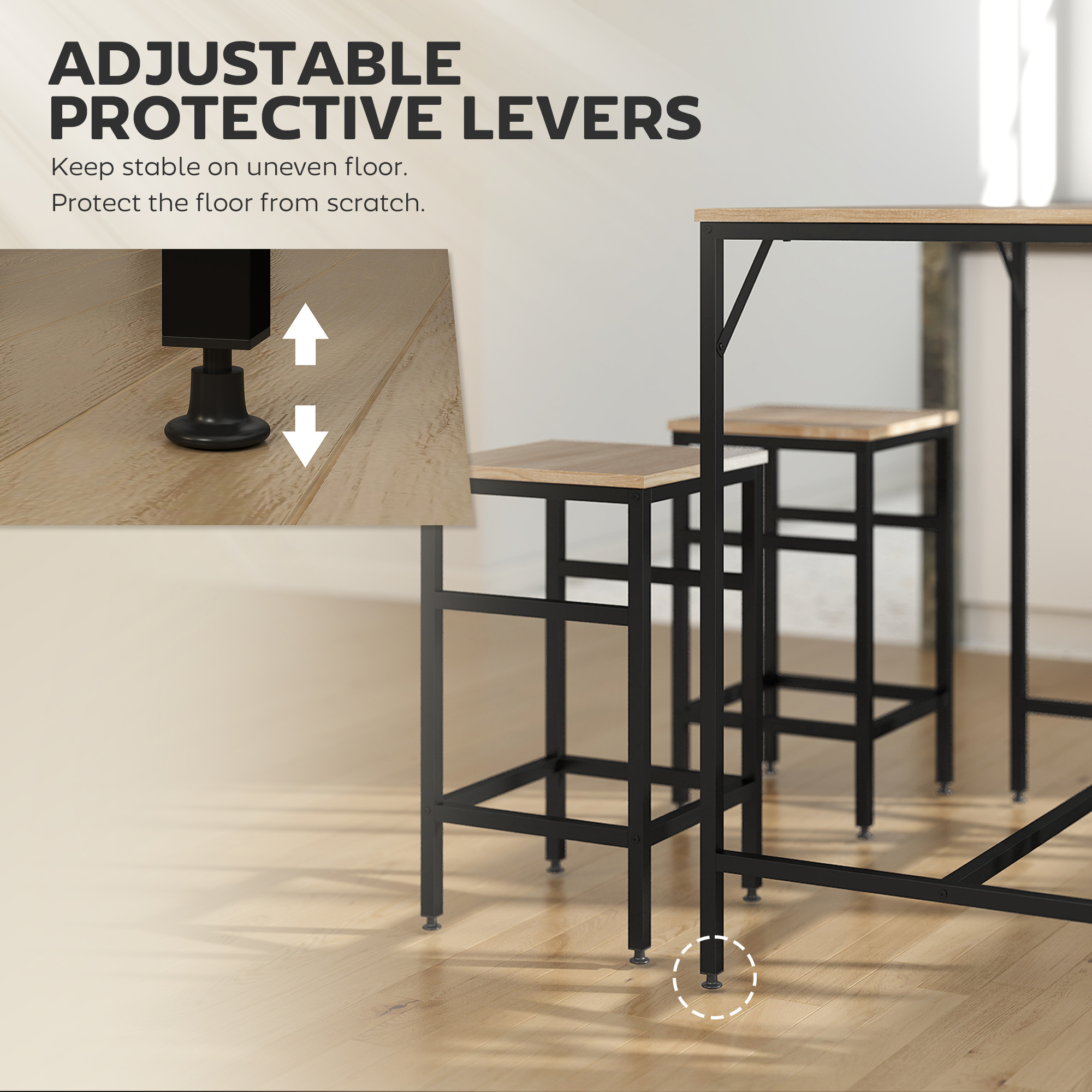 5 Pieces Industrial Rectangular Bar Table Set, Dining Table Set Breakfast Table with 4 Stools for Dining Room, Kitchen, Dinette, Oak - Image 4