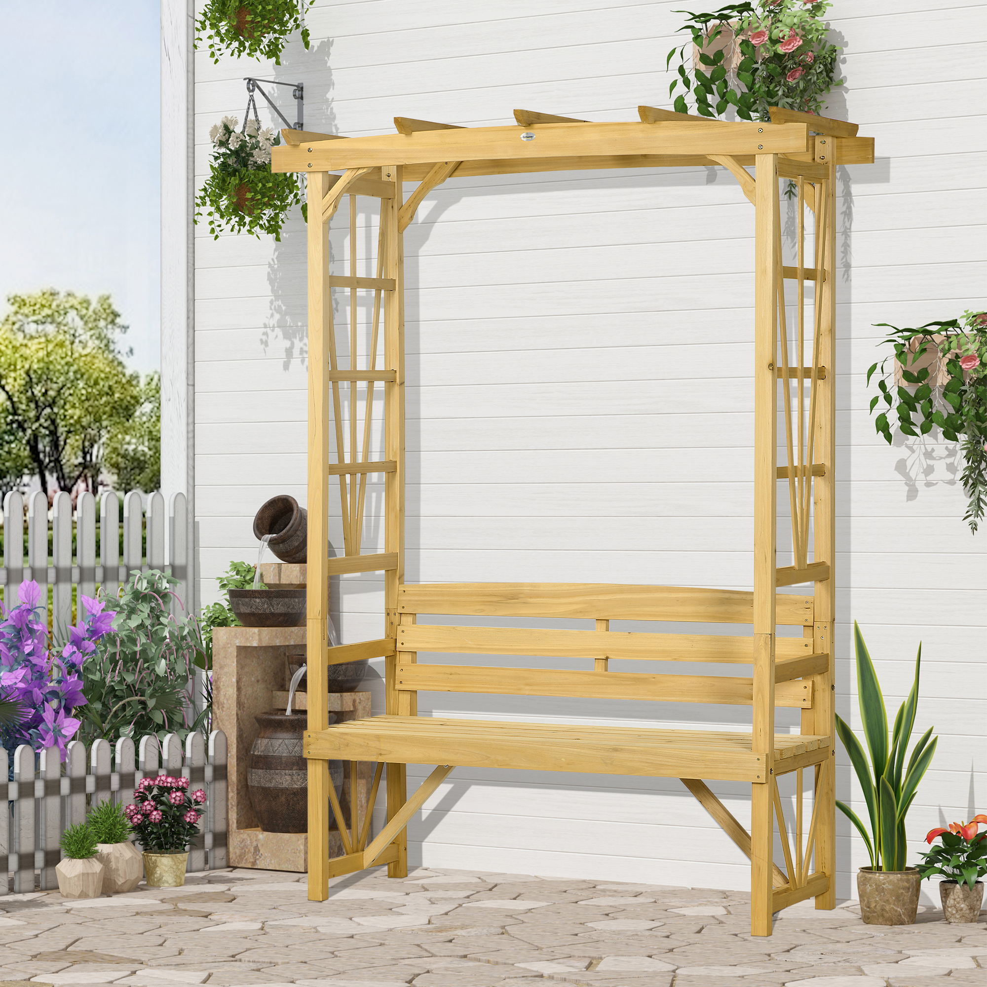 Patio Wooden Bench, Outdoor Bench for Vines/Climbing Plants, Light Brown - Image 6