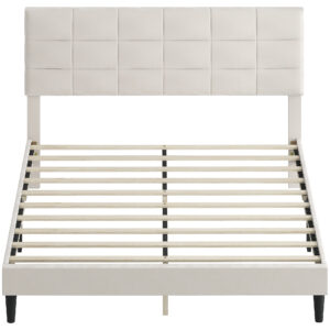 Queen Size Bed Frame with Upholstered Headboard, Modern Platform Bed Frame with Wood Slats, 1100 lbs Capacity, Cream