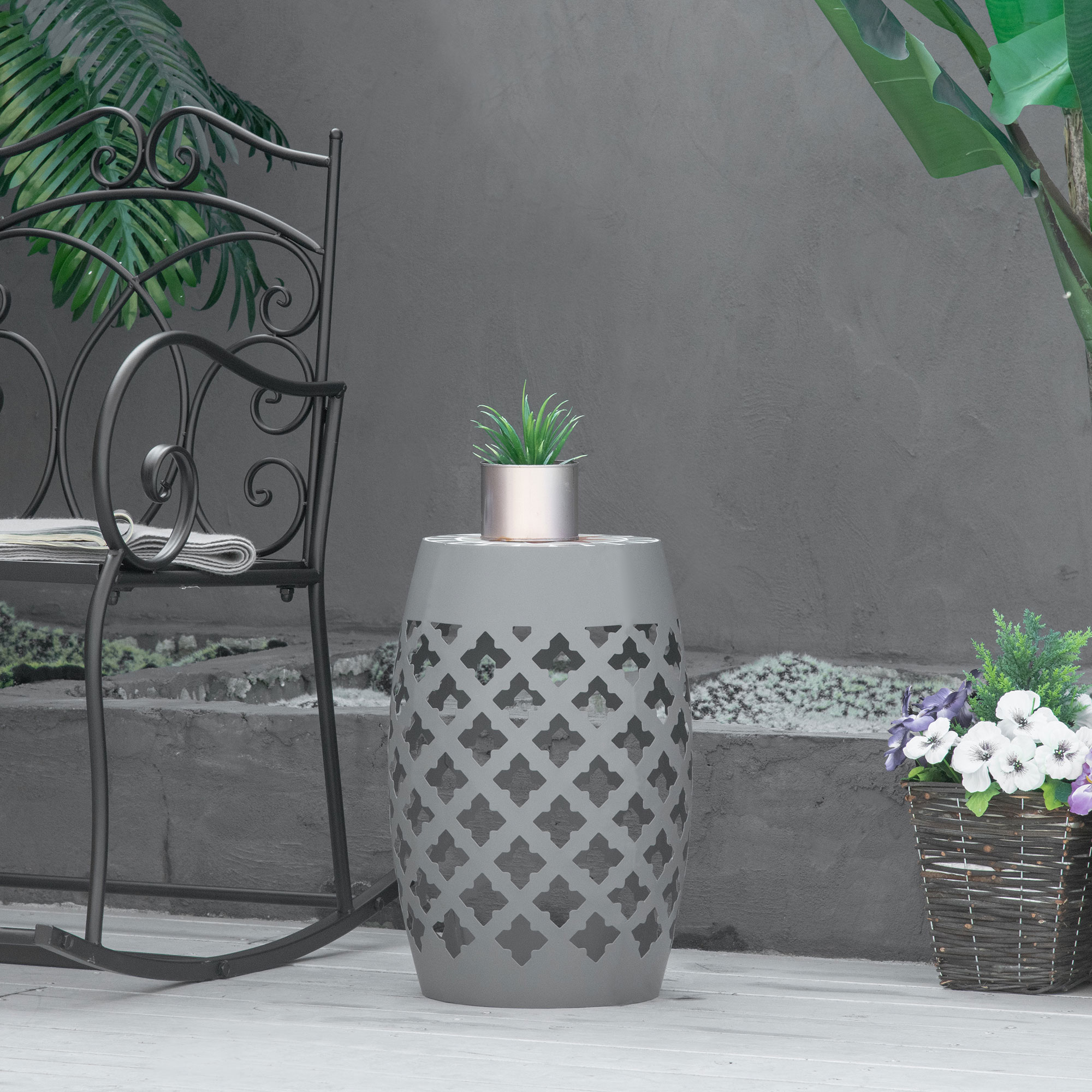 Ceramic Decorative Garden Stool, 12" Drum Outdoor Stool Side Table Plant Stand for Outdoor Indoor, Grey - Image 6