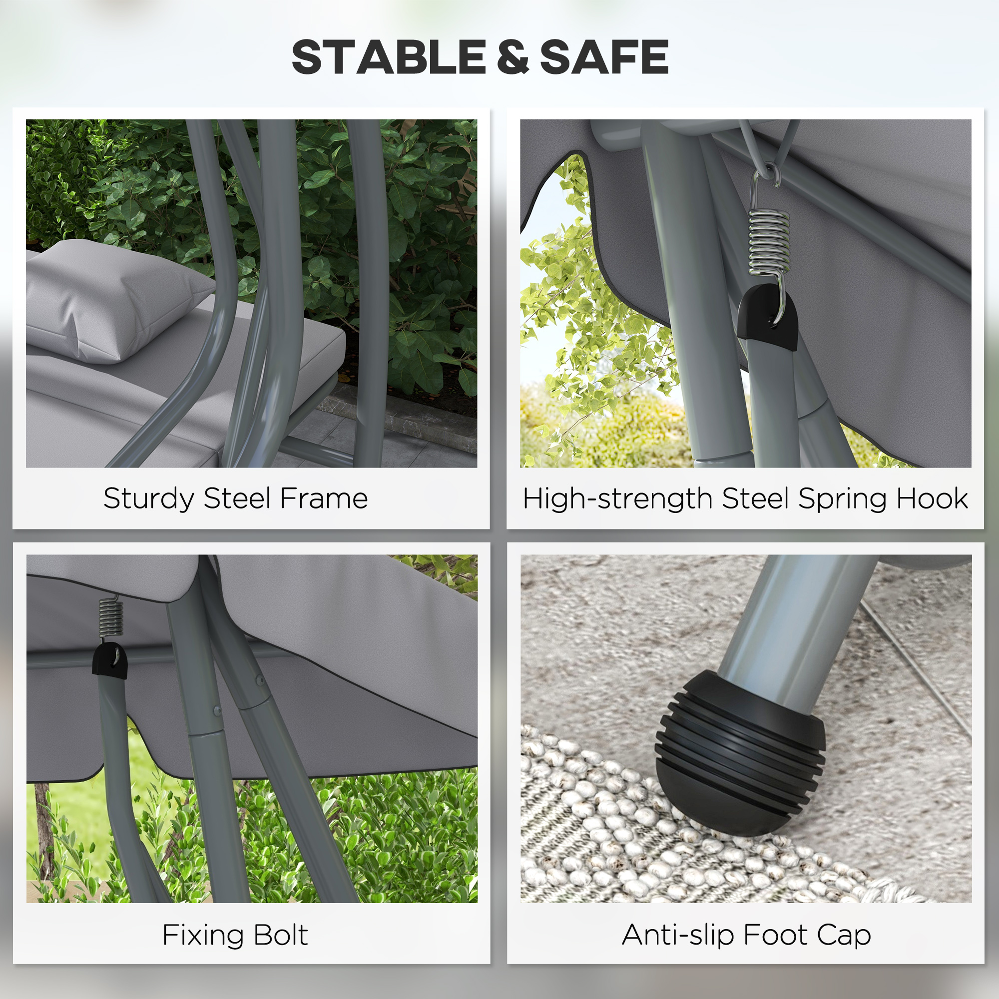 Outdoor 3-Seater Patio Swing Chair, Outdoor Swing Seat, with Adjustable Canopy and Two Pillows for Garden, Light Grey - Image 4