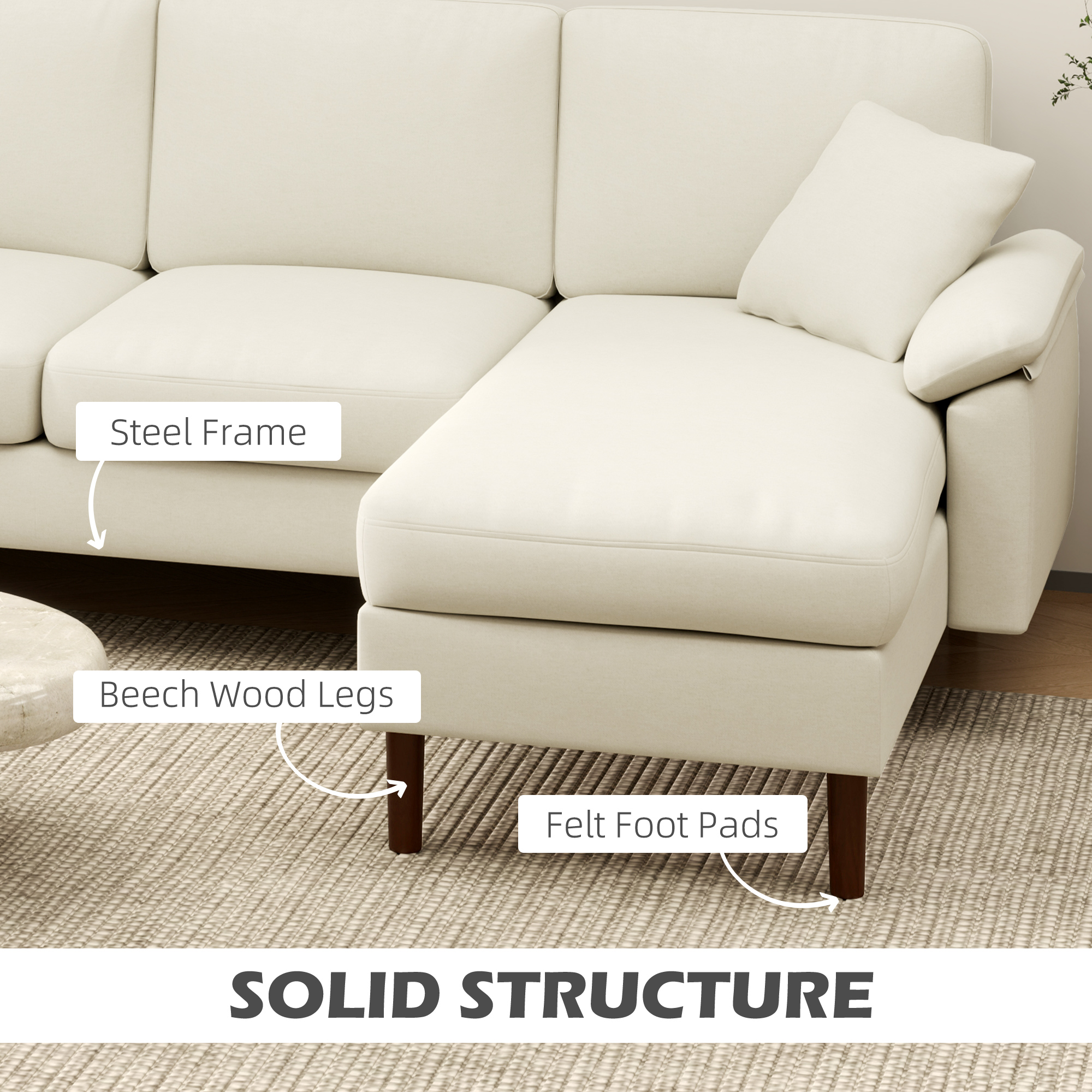 L-Shape Sofa, Modern Sectional Couch with Changeable Chaise Lounge, Pillows and Wooden Legs for Living Room, Cream White - Image 5