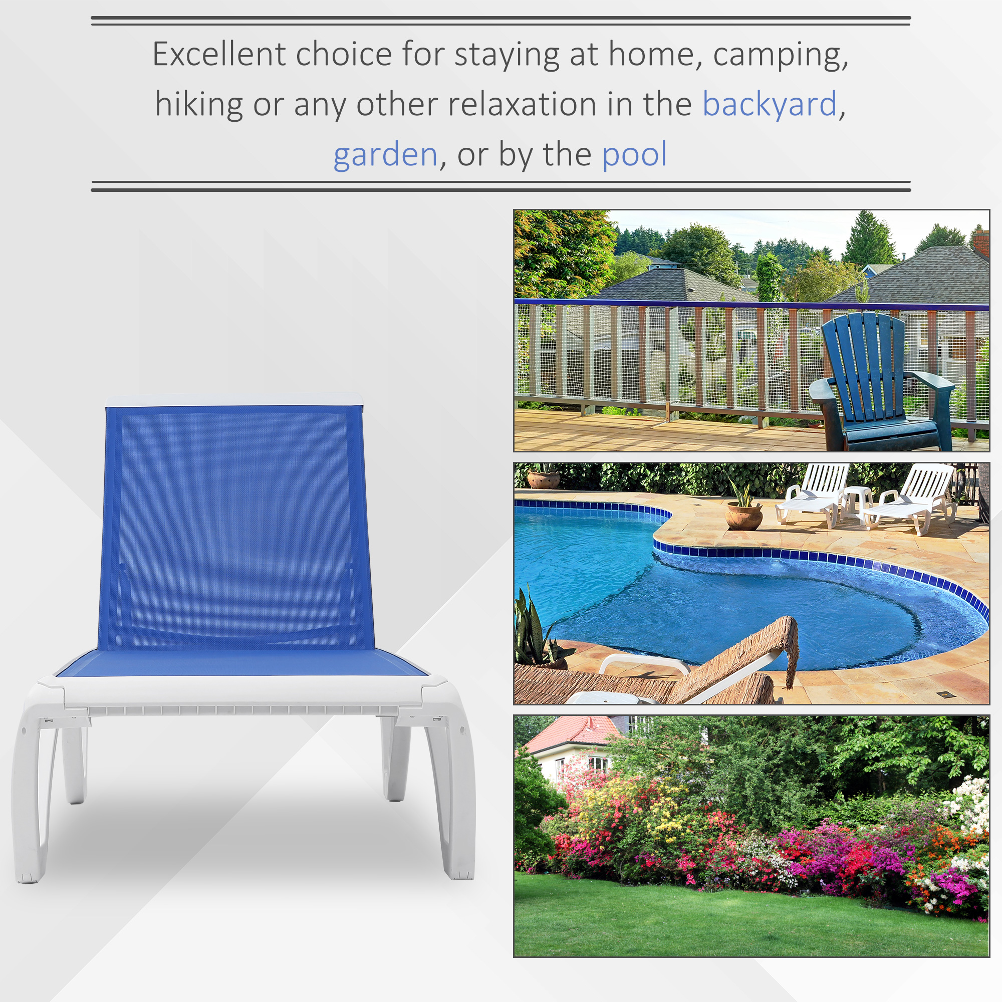 Outdoor Chaise Lounge Chair, Patio Aluminum Tanning Chair with 5-Level Adjustable Back, Portable Wheels, Breathable Mesh Fabric, for Pool, Deck, Garden, Blue - Image 5