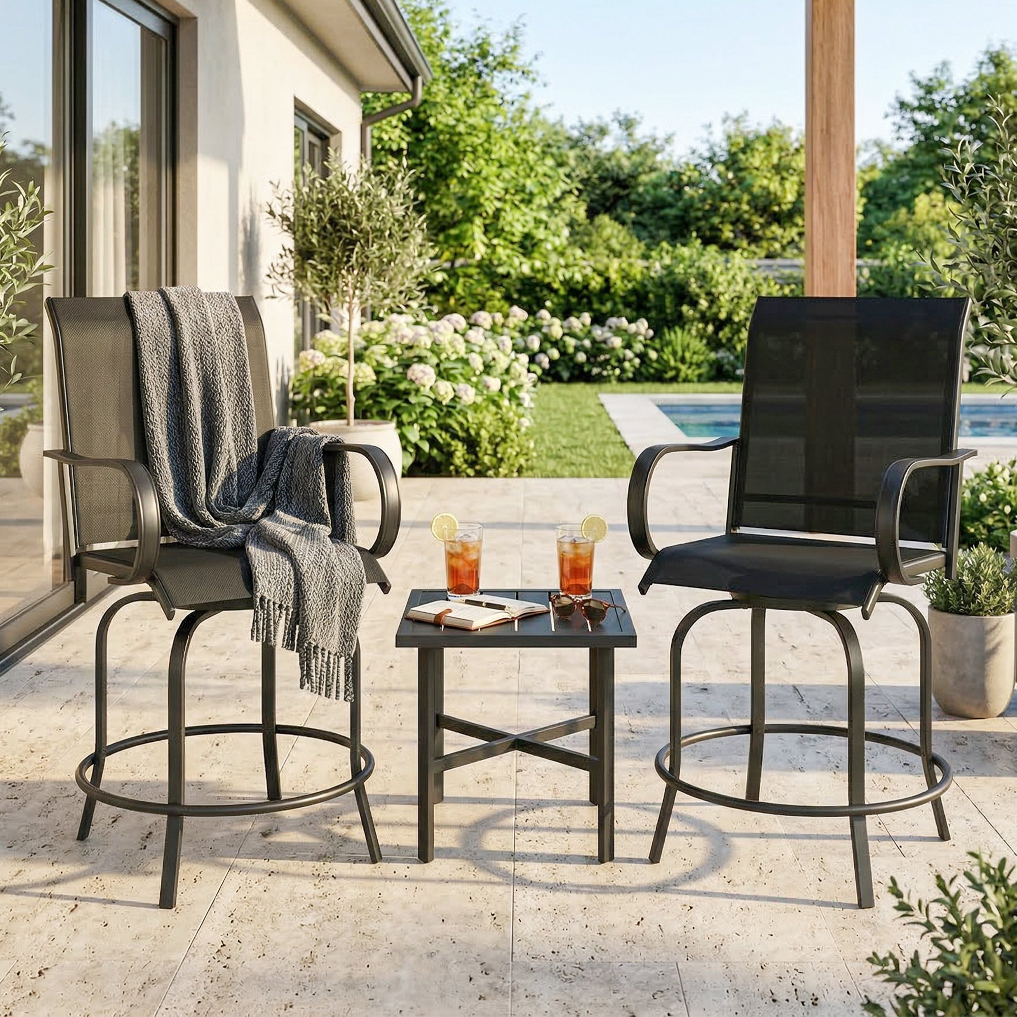 Outdoor Bar Stools Set of 2, 360° Swivel Bar Height Chairs, 26.8" x 29.5" x 48.4", Black - Image 5