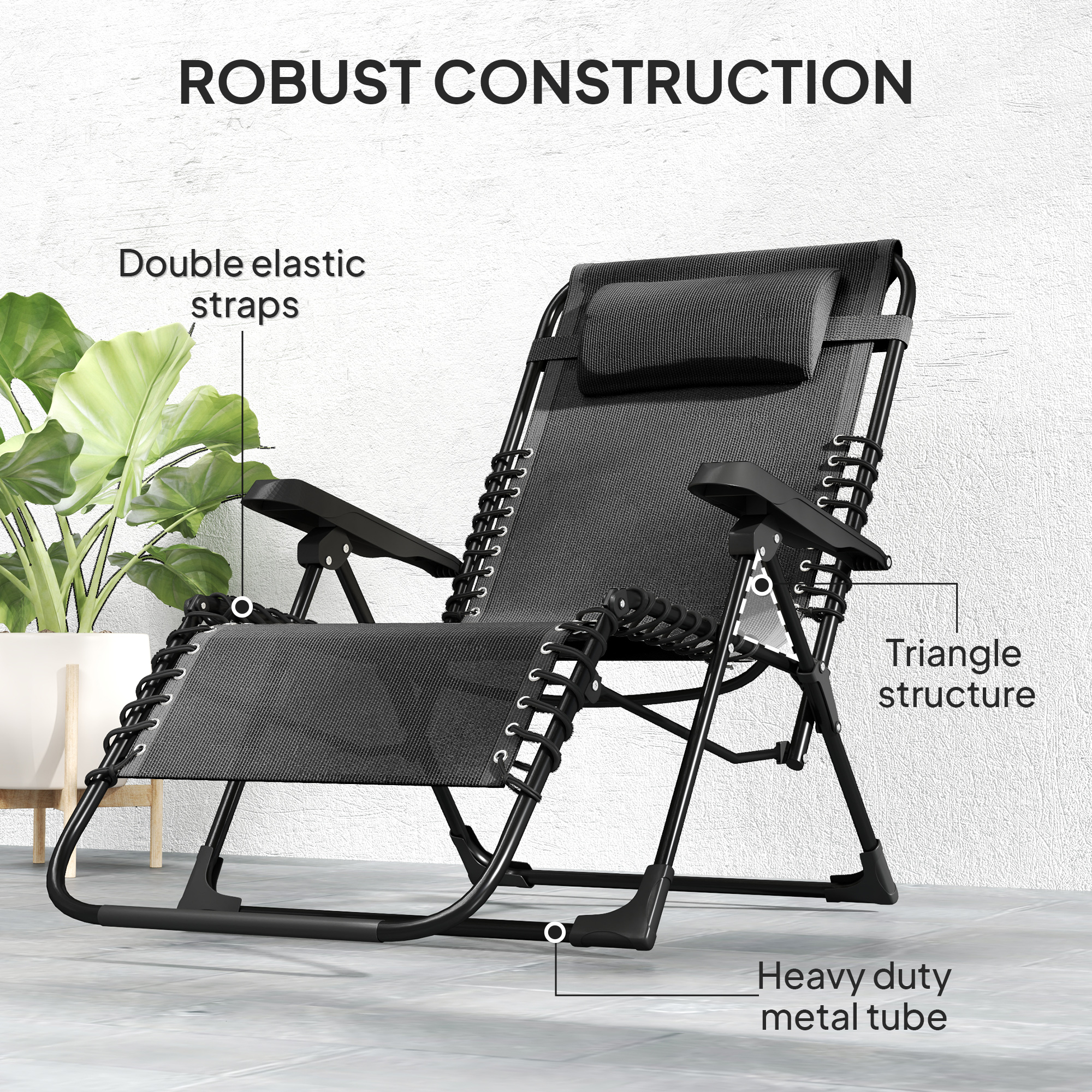 Folding Zero Gravity Chair, 5-Position Adjustable Outdoor Lounge Chair Recliner with Headrest, Black - Image 5
