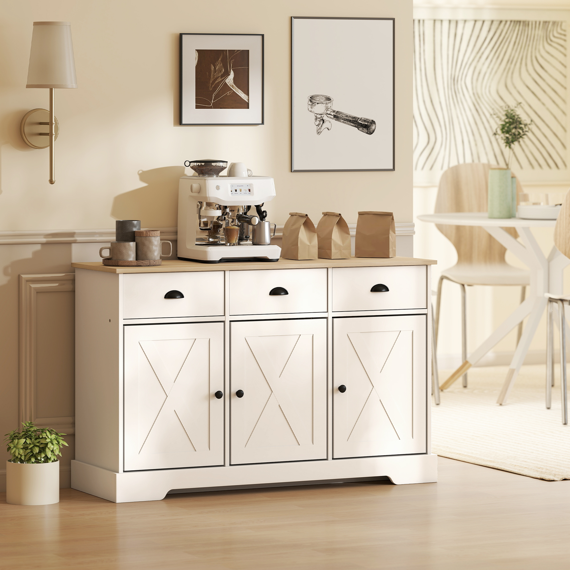 46.5" Buffet Cabinet, Farmhouse Sideboard with 3 Barn Doors and 3 Drawers for Living Room, Kitchen, White - Image 6