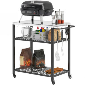 Outdoor Grill Cart with Stainless Steel Top, Two-Shelf Pizza Oven Stand, Food Prep Table on Wheels, Black