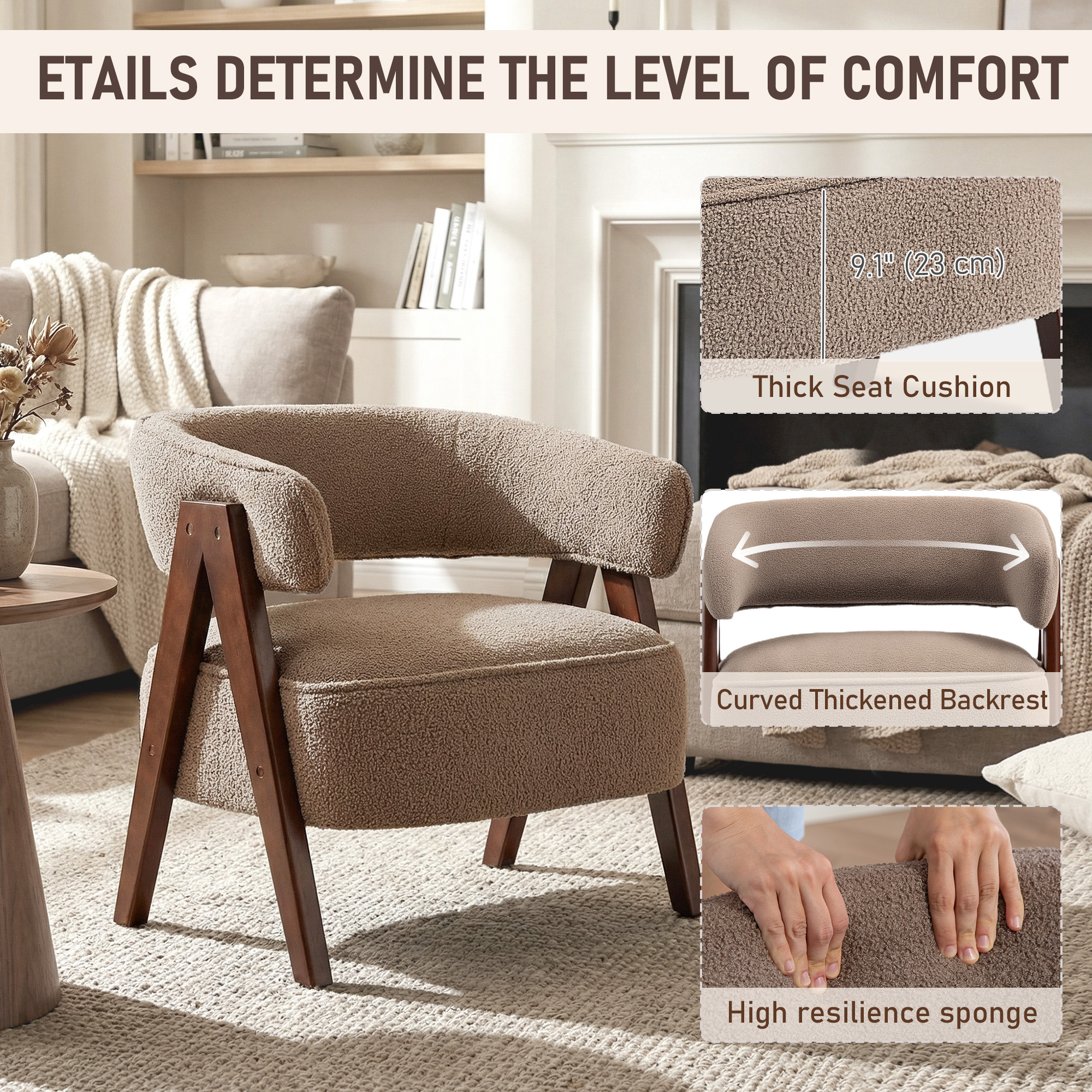 Sherpa Fleece Accent Chair, Upholstered Armchair with Solid Wood Legs and Steel Frame for Living Room, Light Brown - Image 2