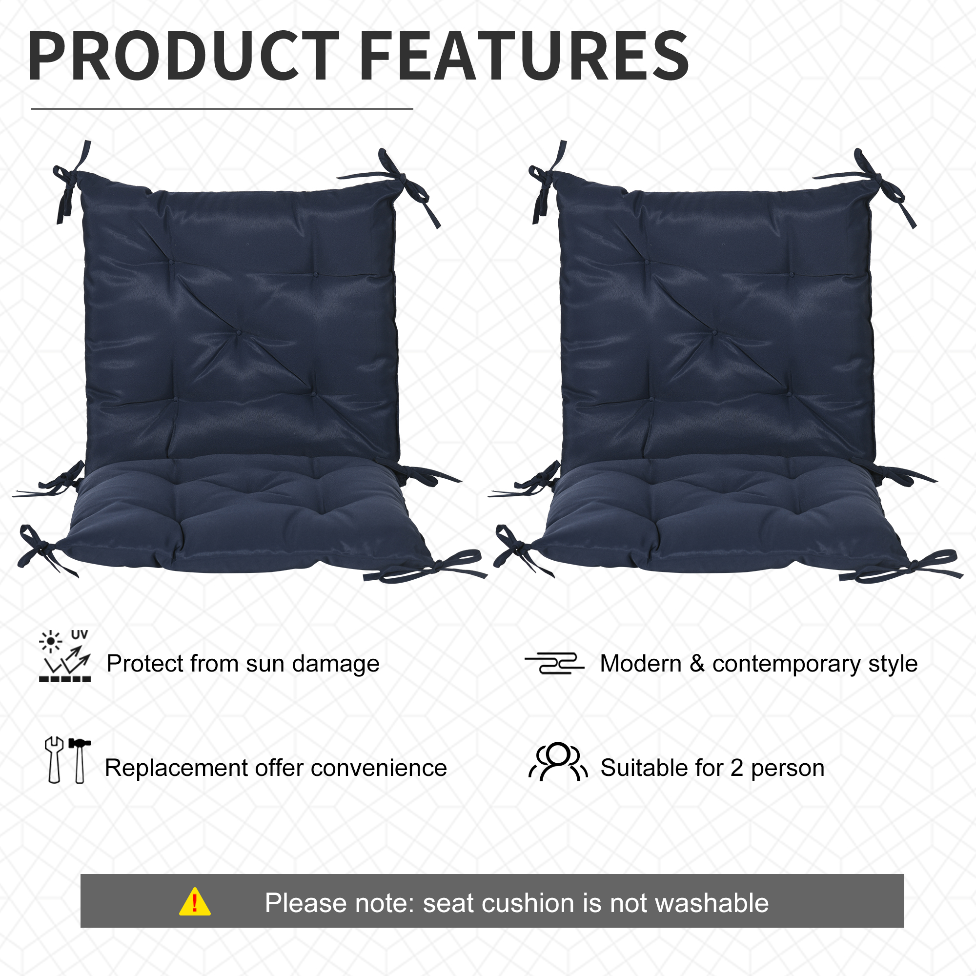 Patio Chair Cushions Set of 2, 39" x 20" x 3" Outdoor Tufted Cushion Set with Ties for Indoor Outdoor Garden Furniture, Dark Blue - Image 3