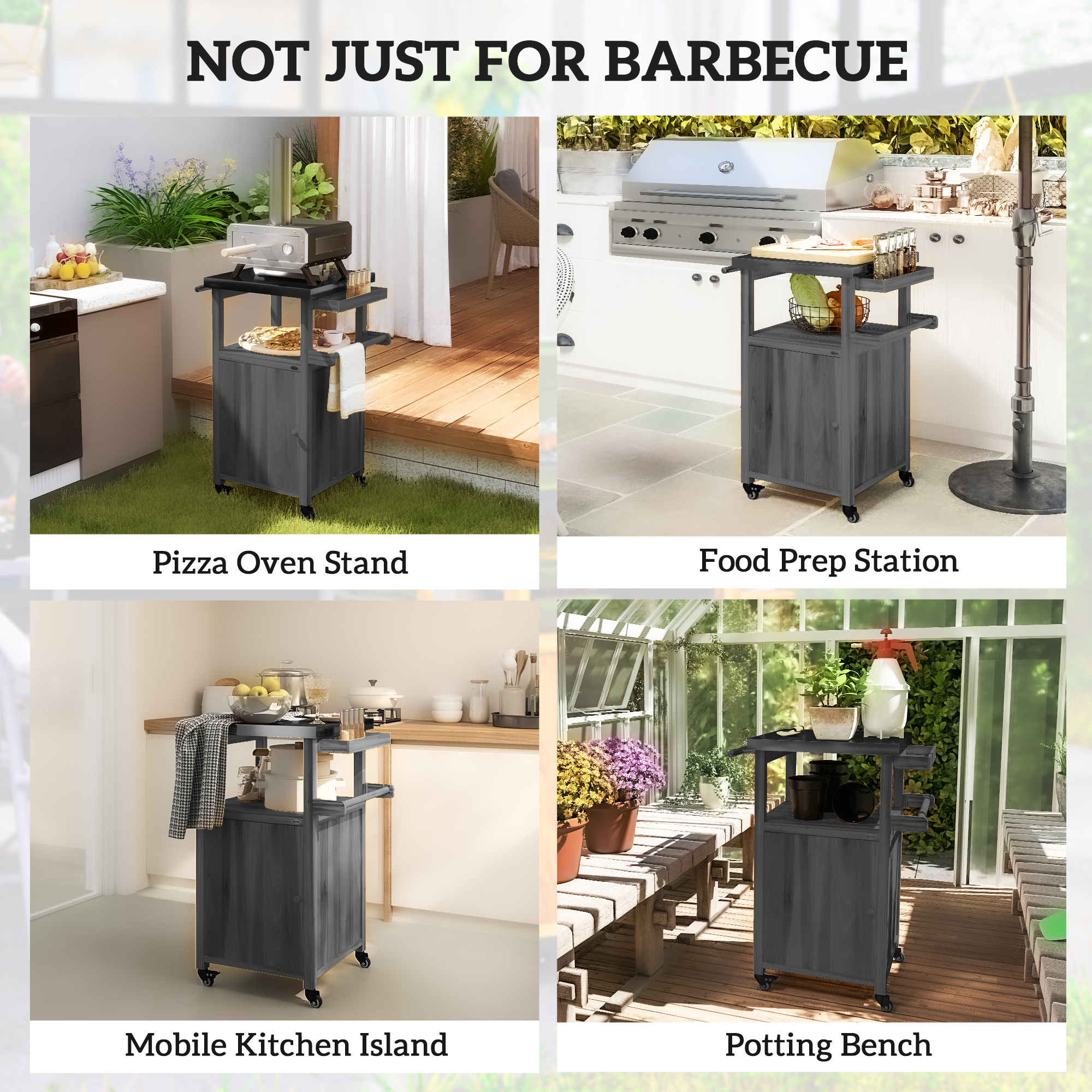 Grill Table with Stainless Steel Top, Pizza Oven Table with Storage Cabinet, Spice Rack, Wheels, Handle, Dark Grey - Image 5