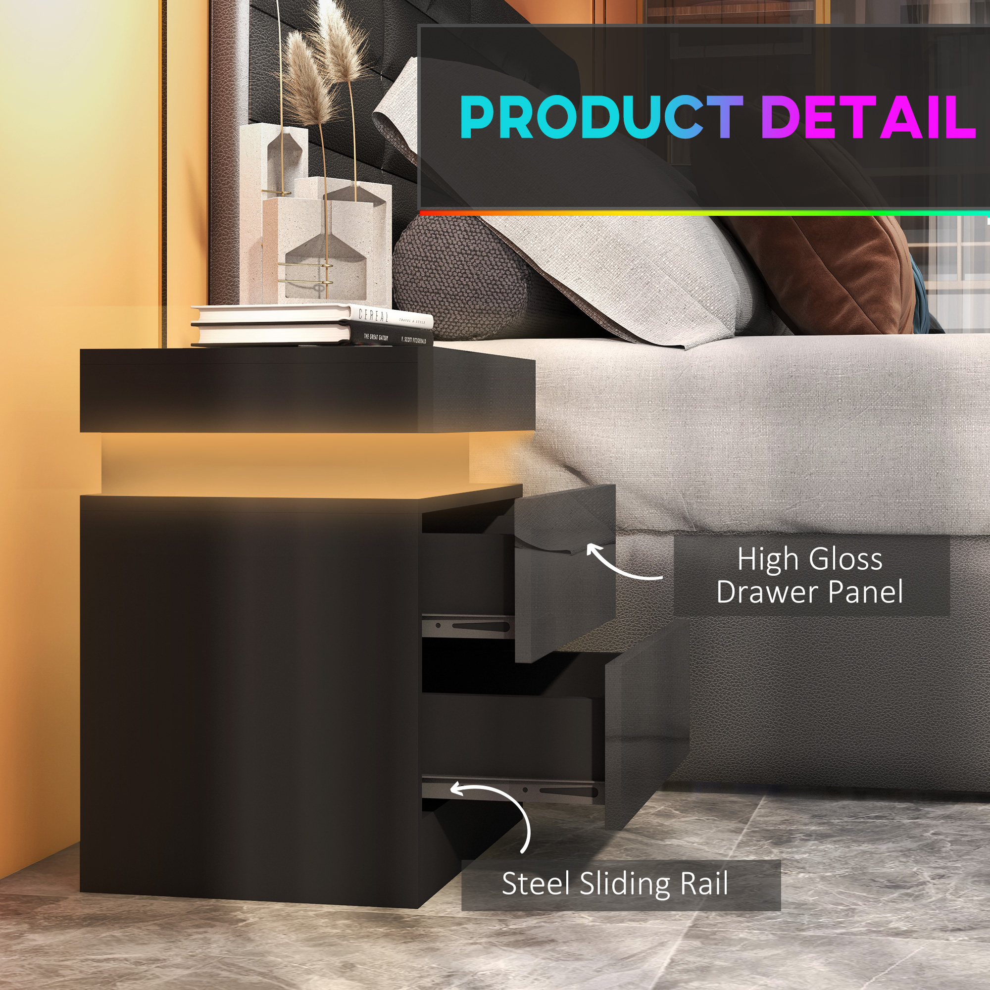 Nightstand, Bedside Table with LED Lights and 2 Drawers for Bedroom, Living Room, Black - Image 5